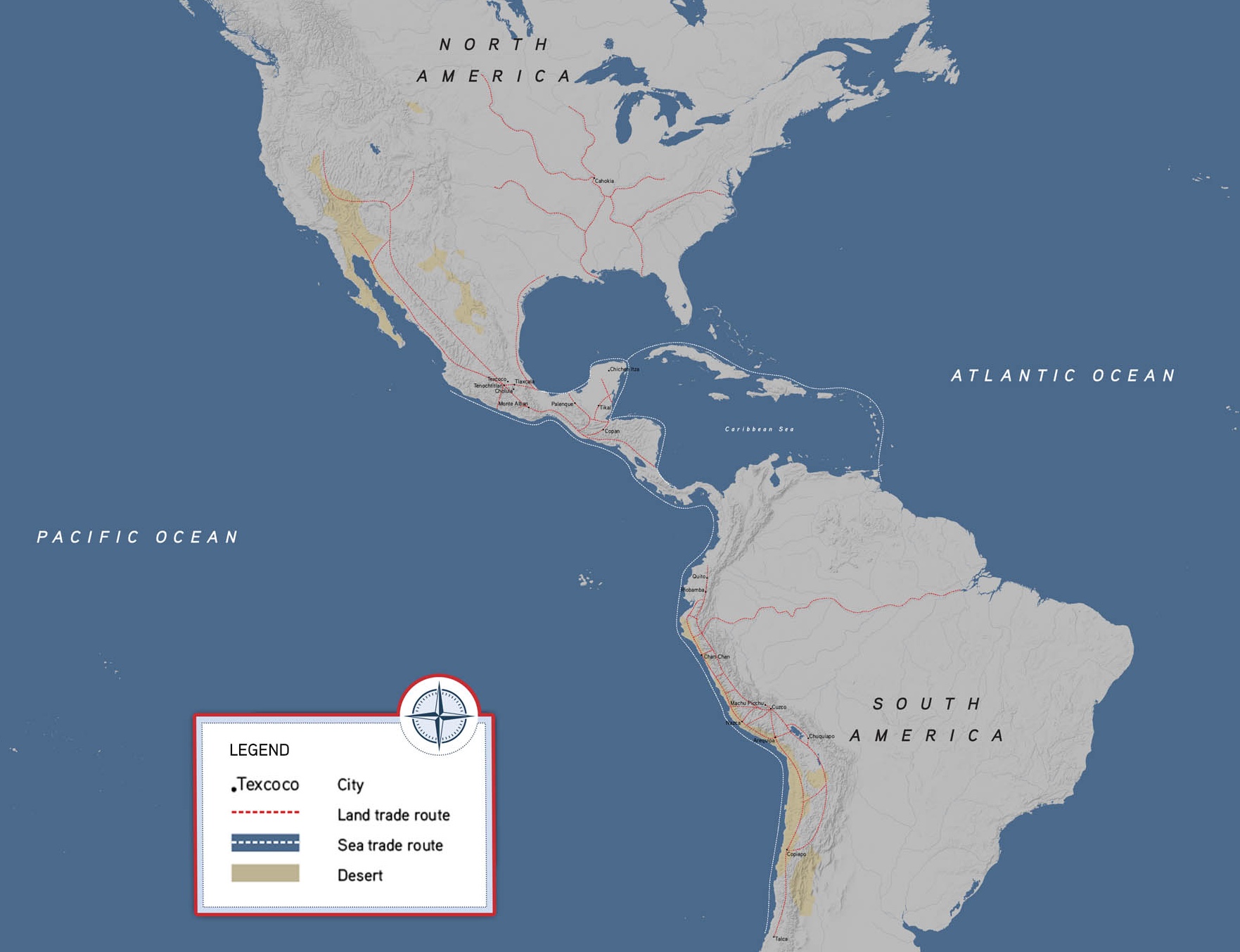 Map of North and South America depicting the land and sea trade routes connecting the two continents.