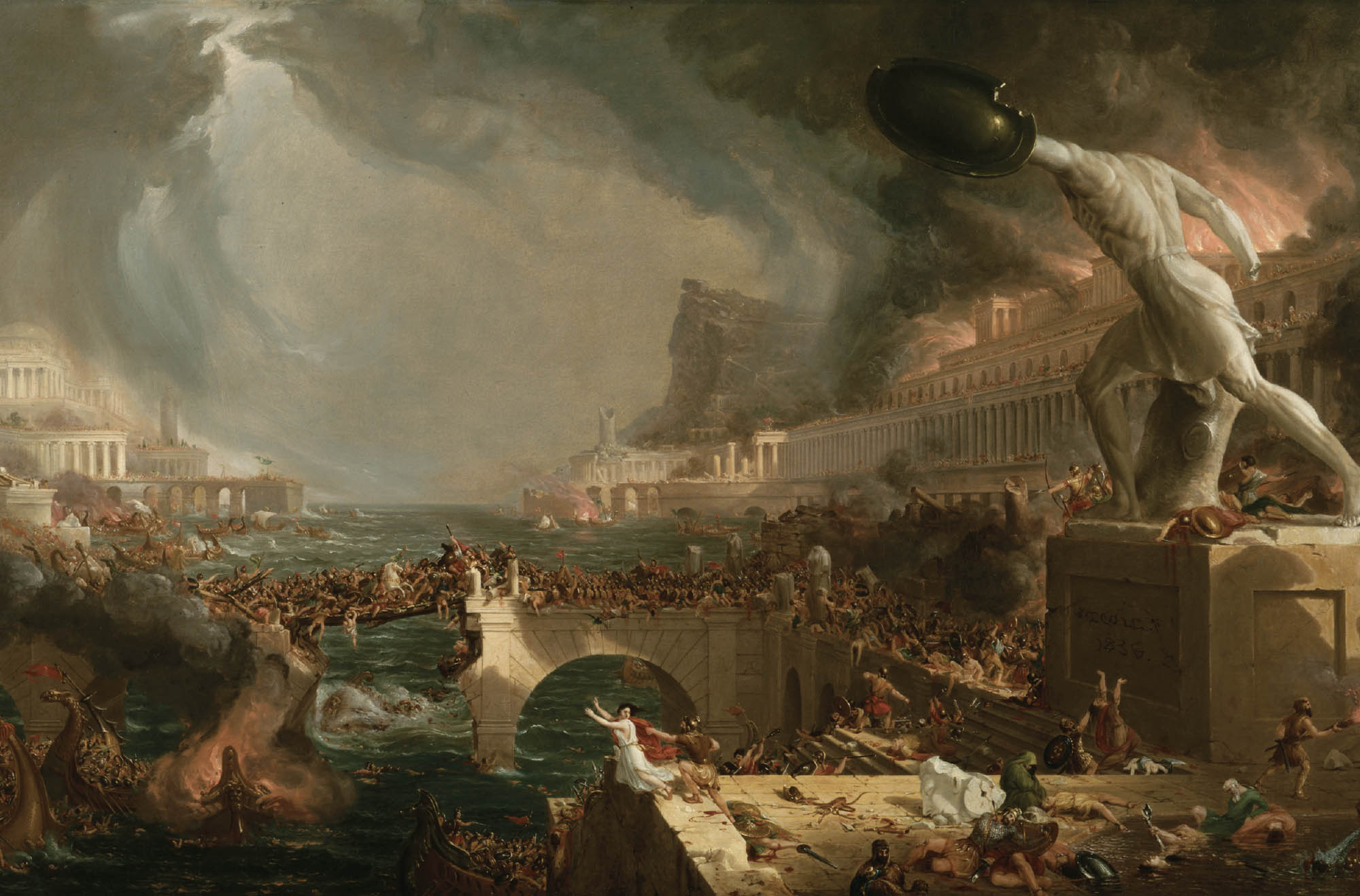 A dramatic painted depiction of at attack on a city. Buildings are burning and the sky is full of smoke. People are fleeing, many crowded on a bridge and some are falling or being pushed off of it.