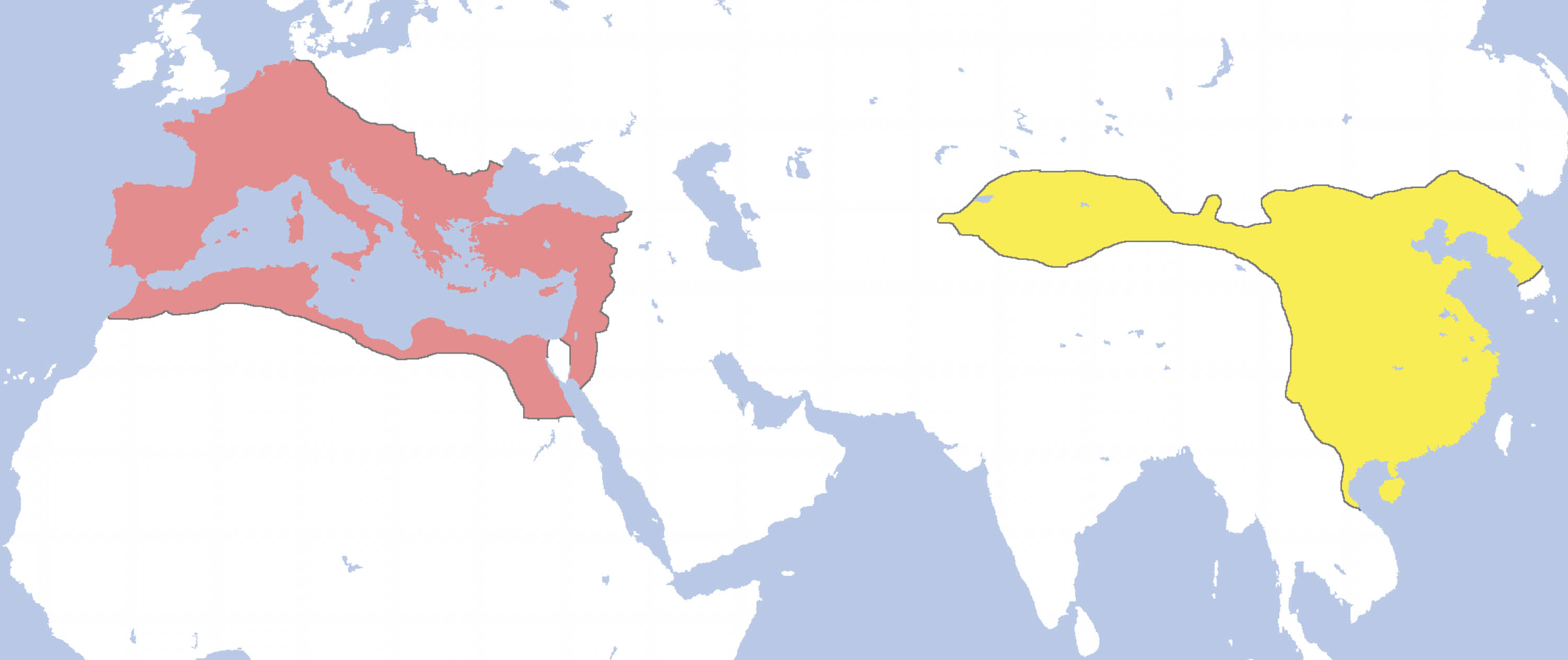 Map shows the Roman Empires and Han Dynasty China, both empires of about the same size.