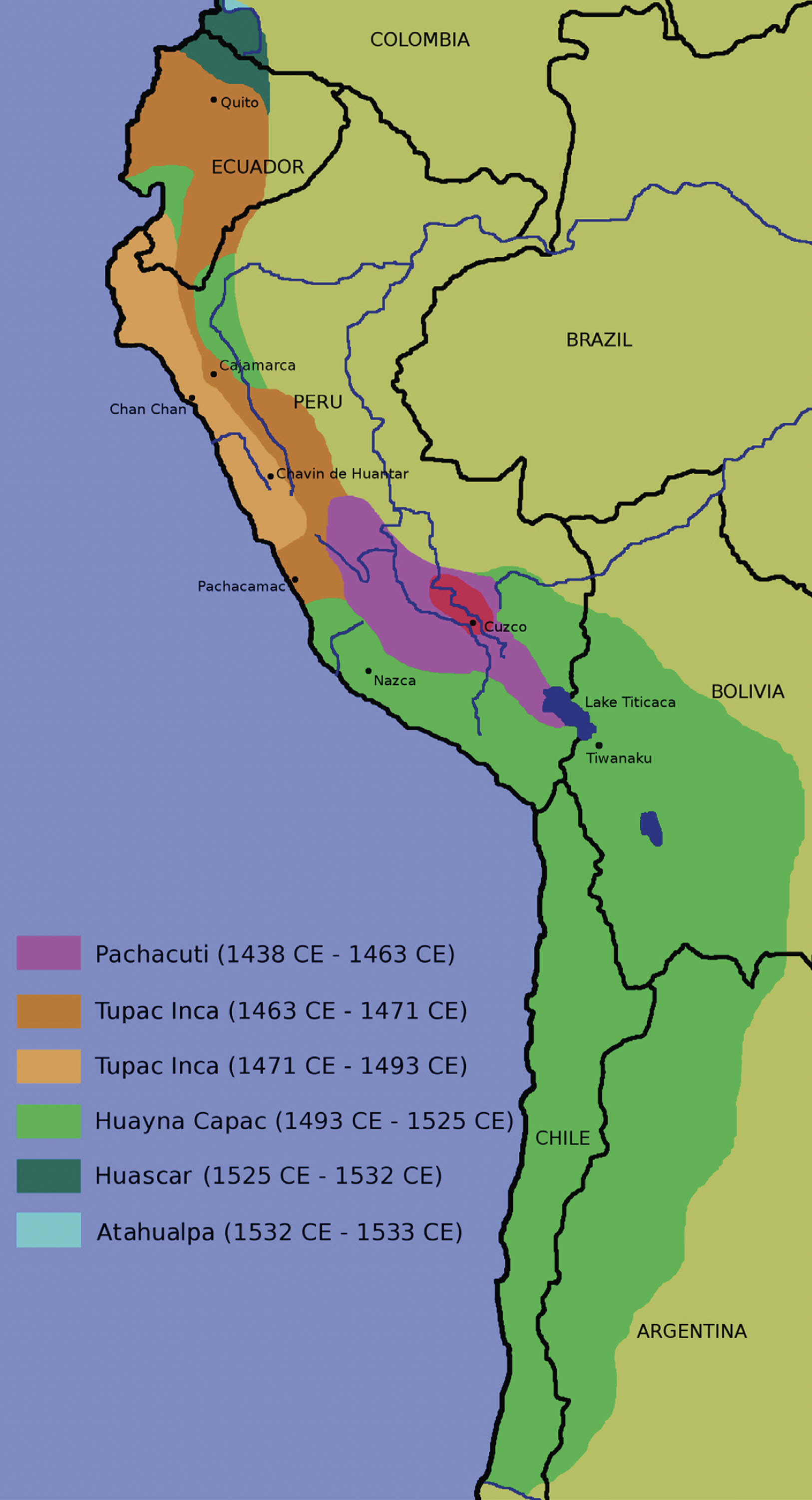 Map shows the Inca empire expanding from Chile and part of Argentina up to Colombia.