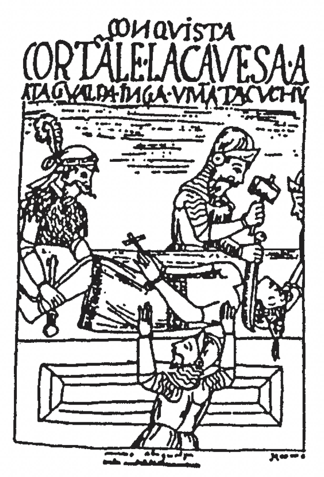 Line drawing of an execution. A man is laying down and his head is being cut off with a sword.