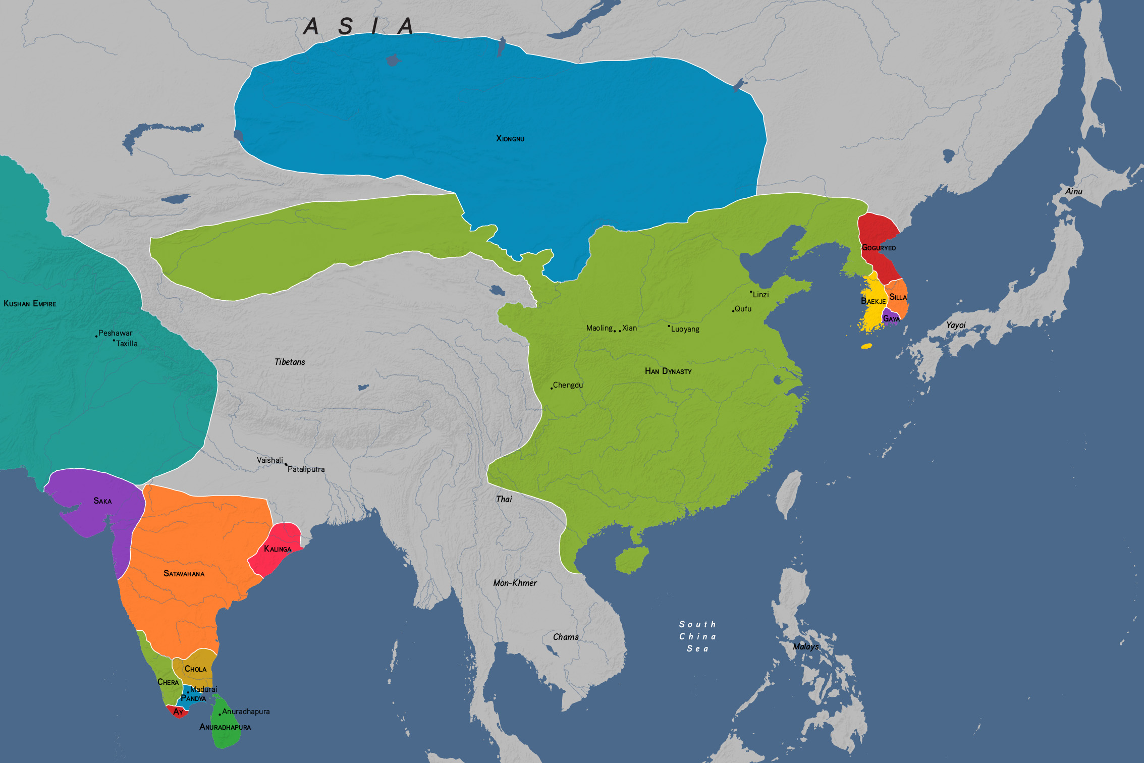 Map shows the extent of the Eastern Han dynasty, which covered a large portion of modern-day China.