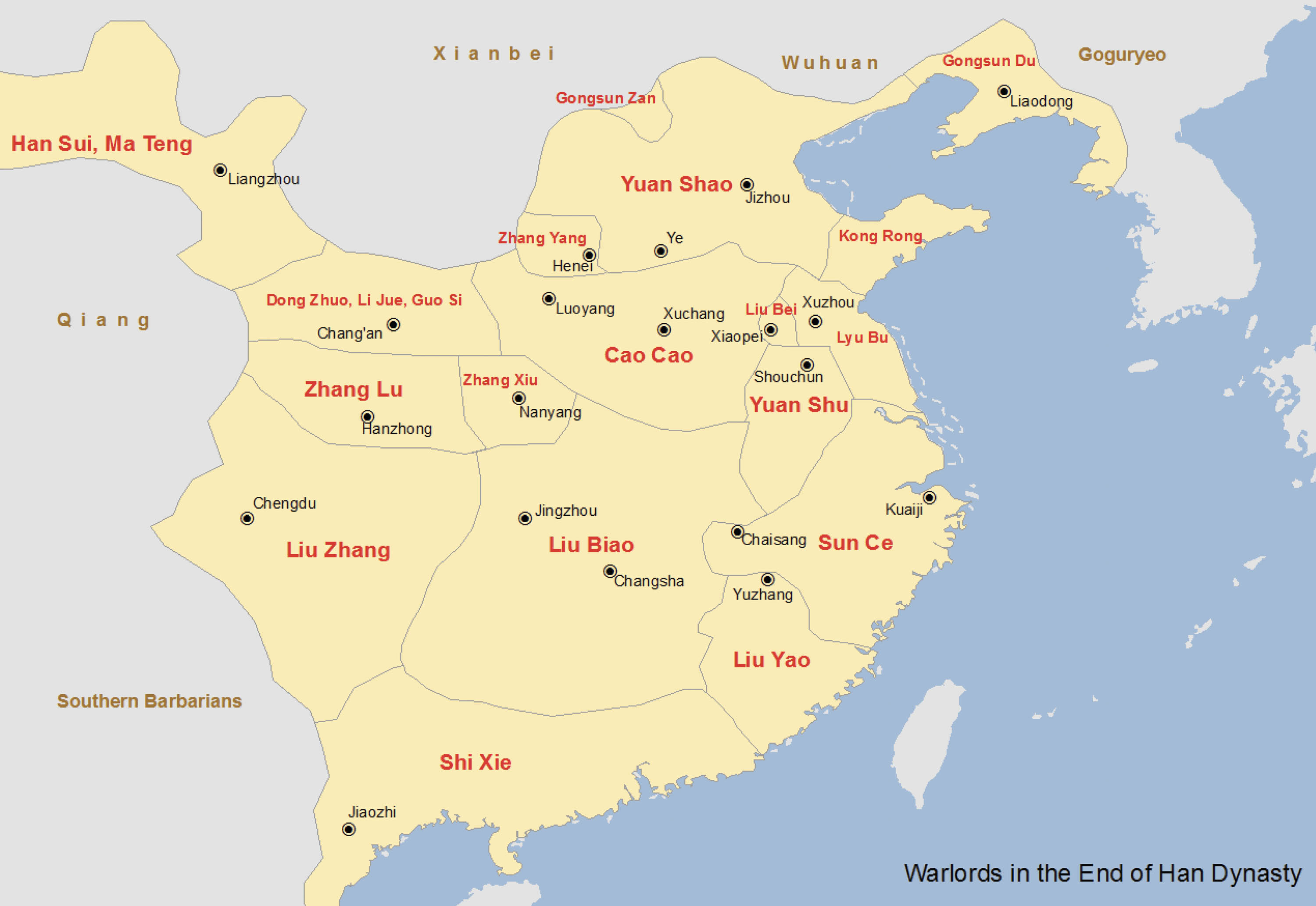 Map shows how the Han Dynasty was divided into nearly twenty different territories ruled by different warlords.