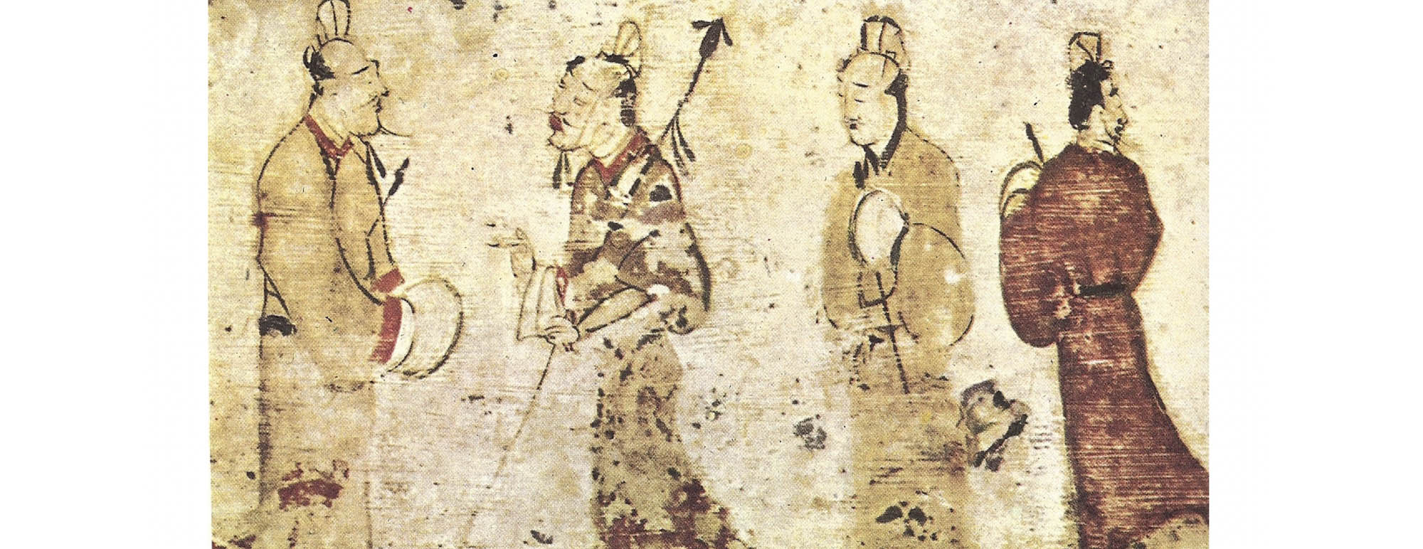 Panting of four men in a discussion. Two are facing each other, one man has his back turned to the others.