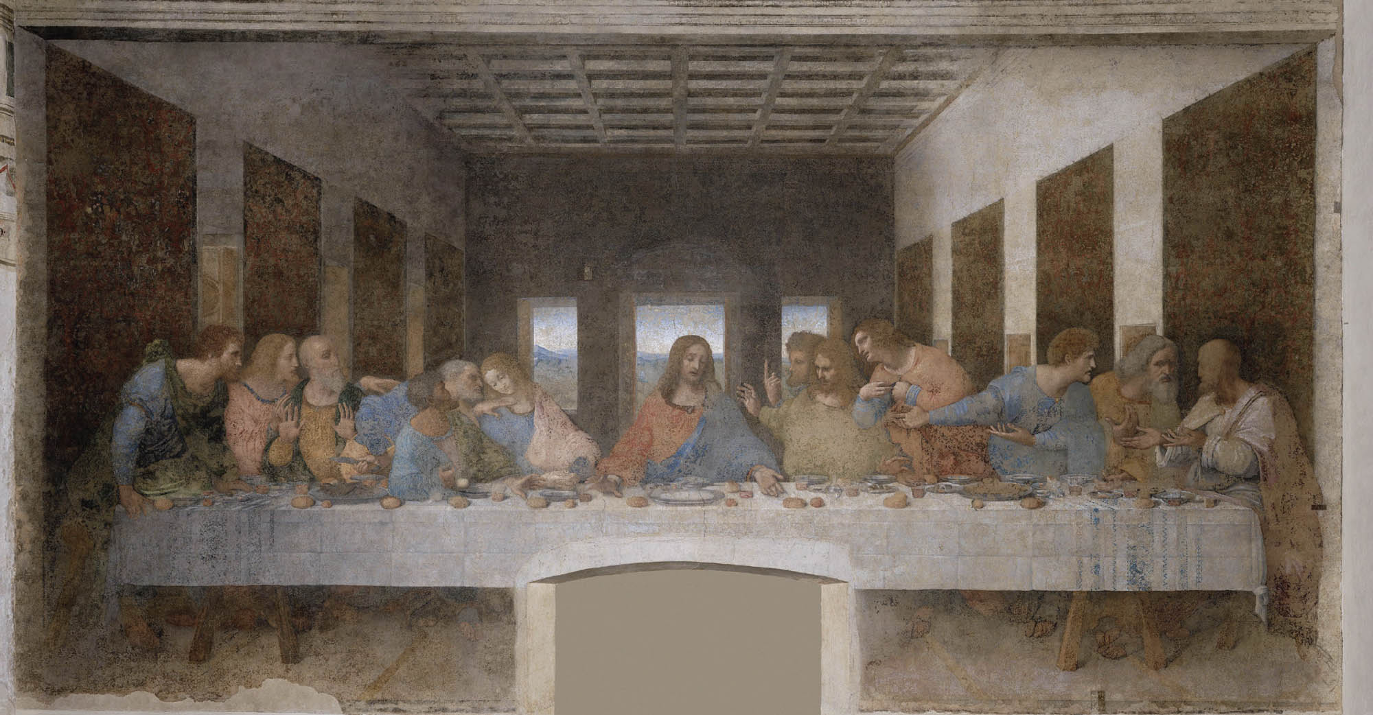 Painting shows several men, seated at a long table, conversing and feasting.