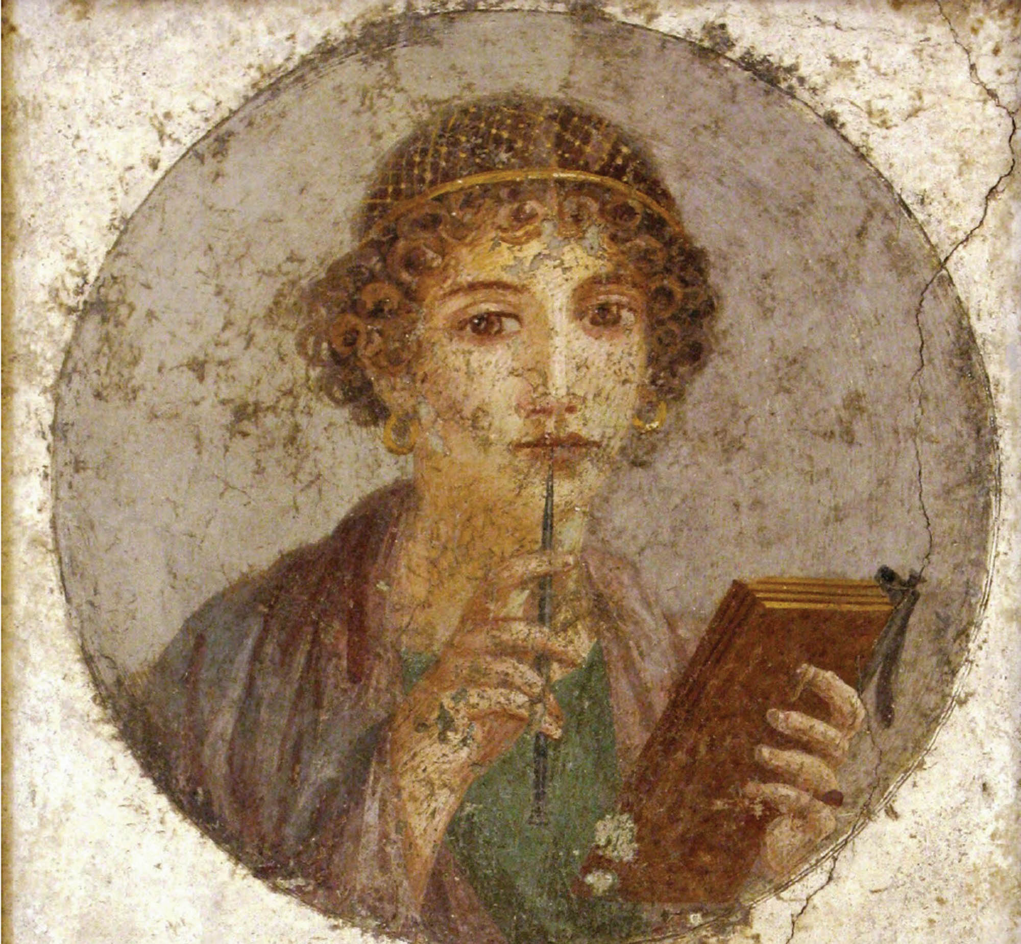 A painting of a woman, holding a tablet that looks similar to a notebook or book. She holds a pen-like stylus to her lips.