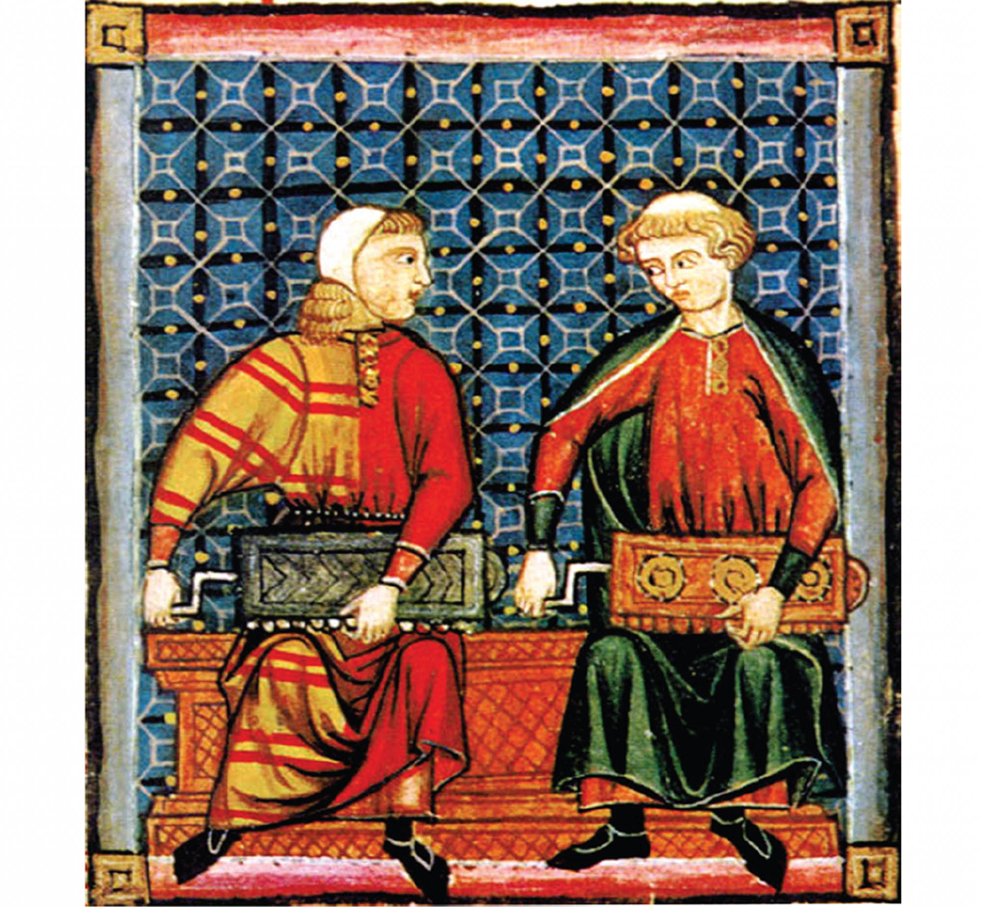 Illustration of two people sitting next to one another, each holding a musical instrument featuring keys and a turning crank. The painting is richly colored and there is a mosaic or stained-glass behind the two musicians.