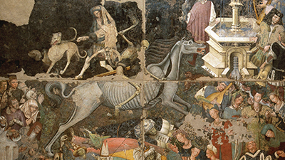 An eerie, paneled painting. In the center, a human skeleton rides on a horse skeleton, and below them, several lay dead. In the corners, people crowd around a fountain and look over the dead.
