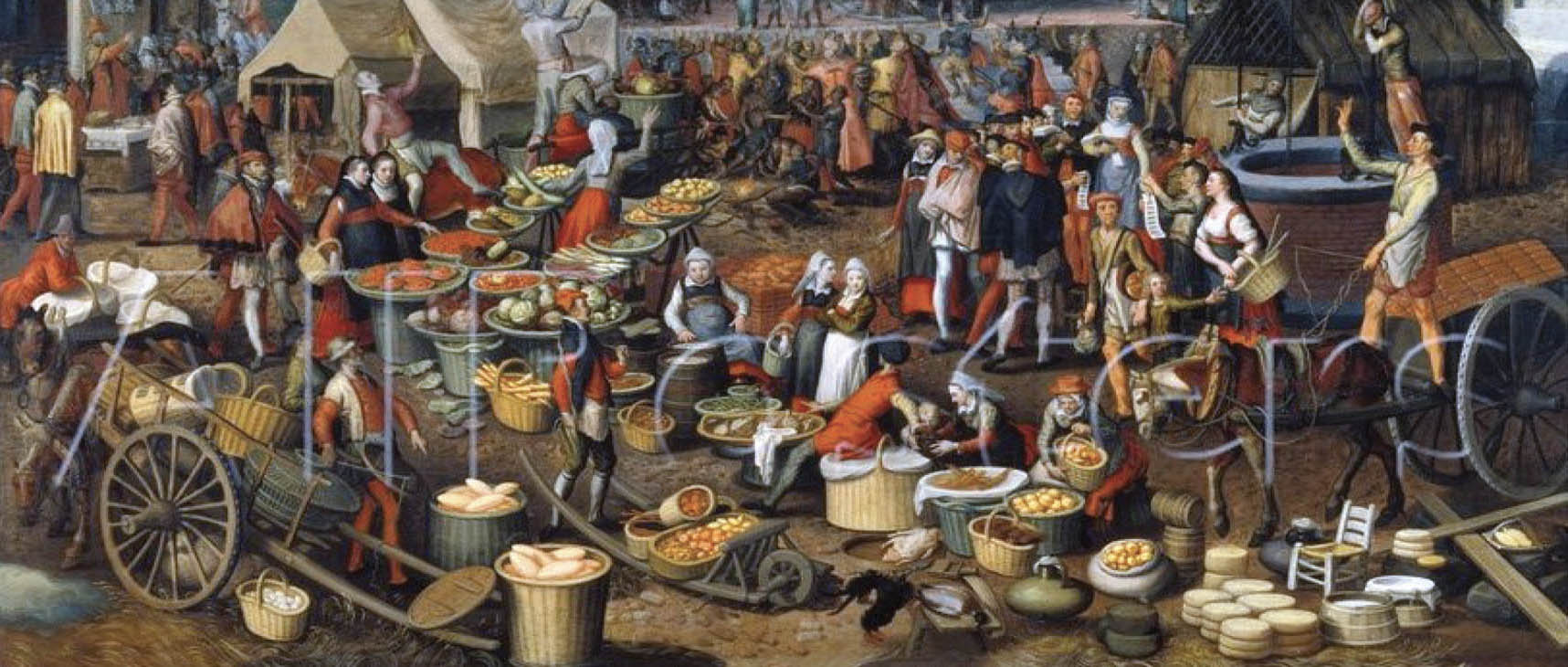 Painting of a crowded market. People are selling many food items, presented in large baskets and barrels