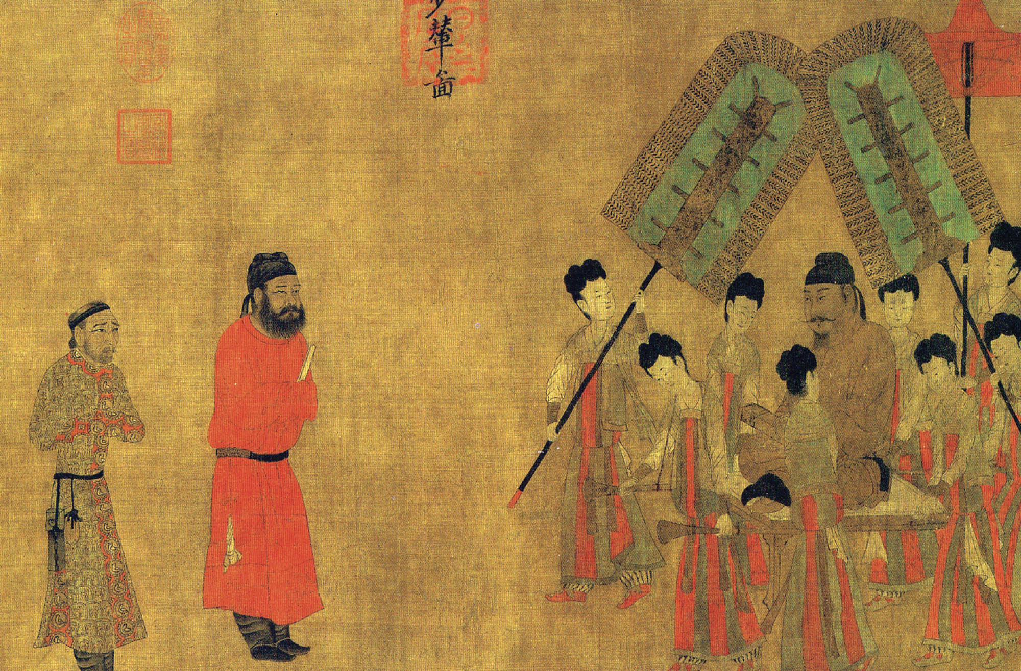Painting shows an emperor being carried on a throne. Others surrounding him are holding great fans. Two men have come to meet the emperor.