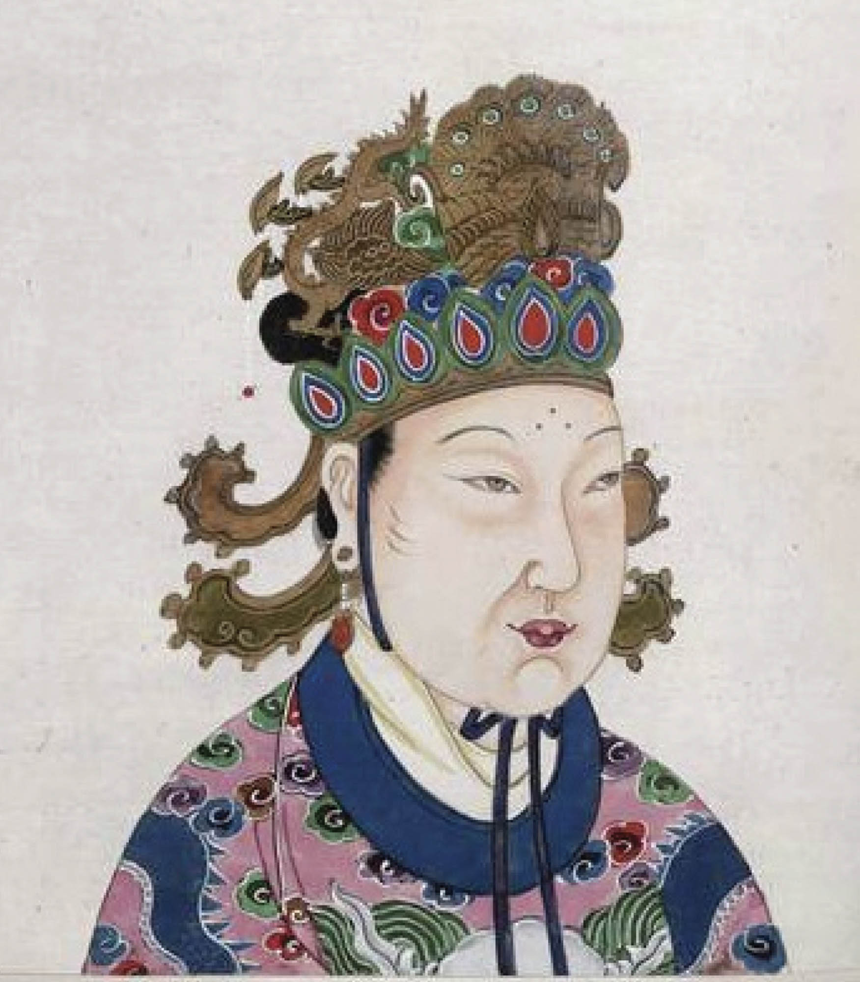 Painting of an empress. She is wearing an ornate and colorful headdress and clothing.