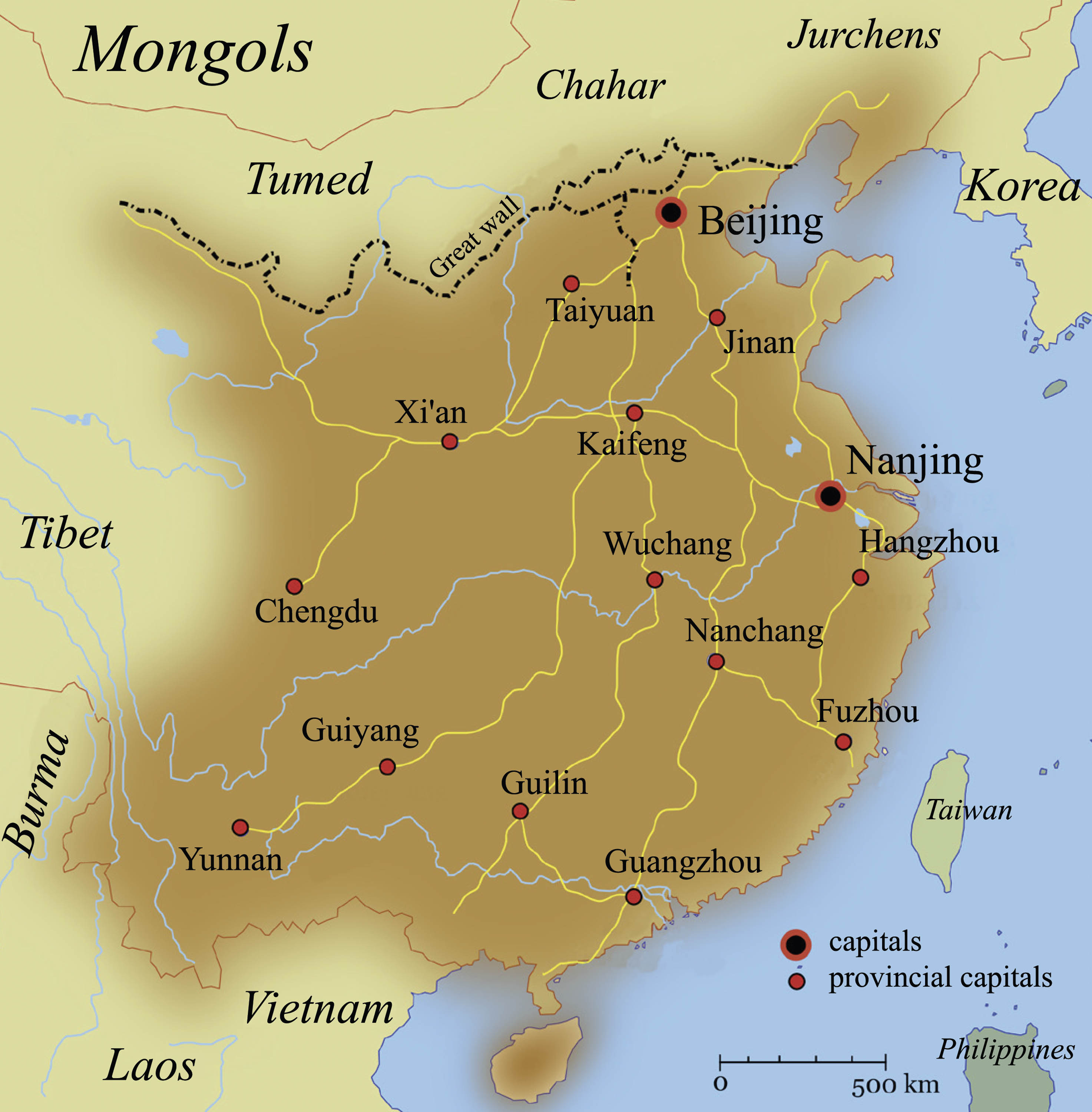 Map shows the large number of cities ruled by the Ming empire.