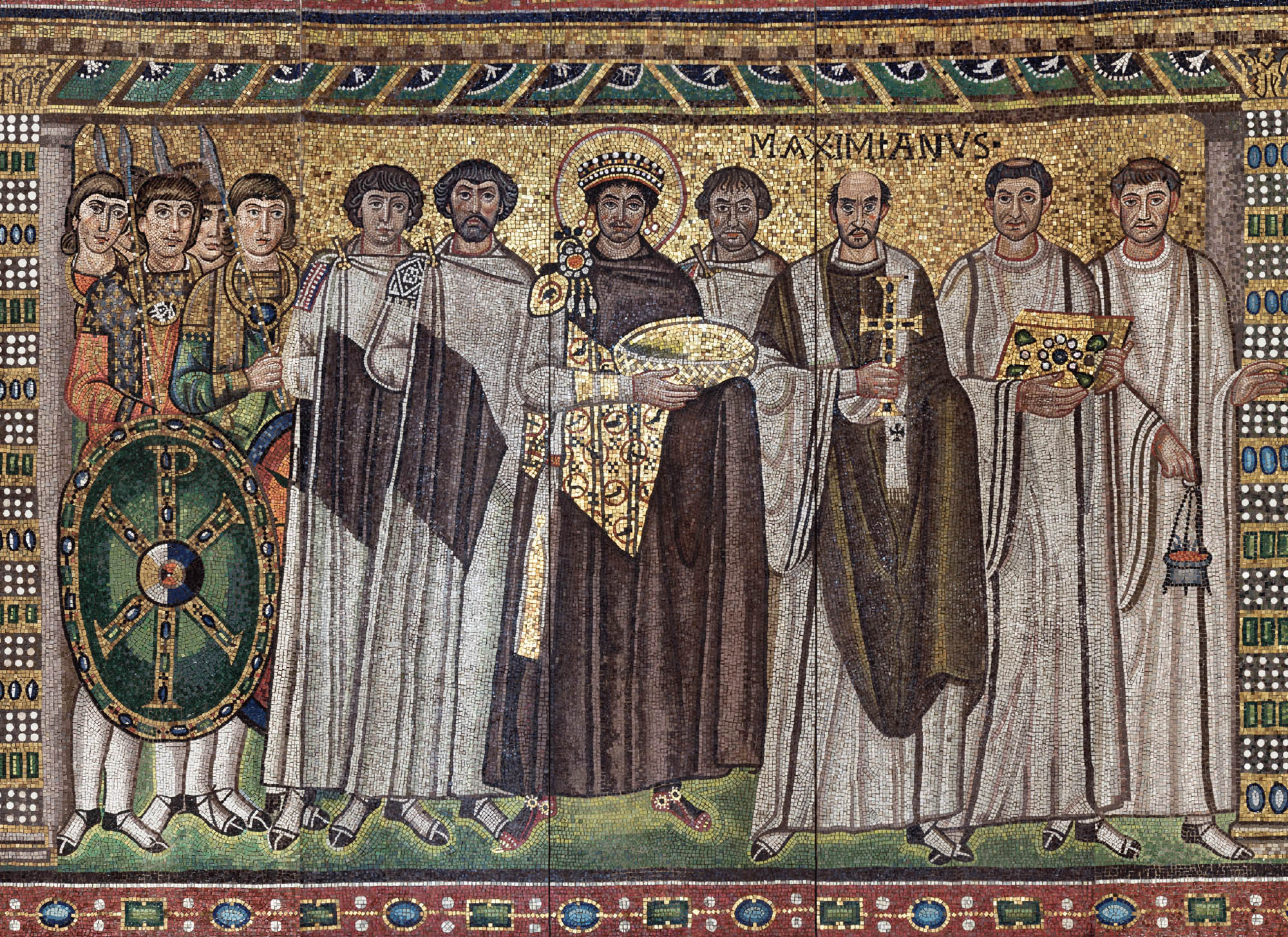 Detailed mosaic shows 10 men. They are dressed plainly, standing on a green floor against a gold video