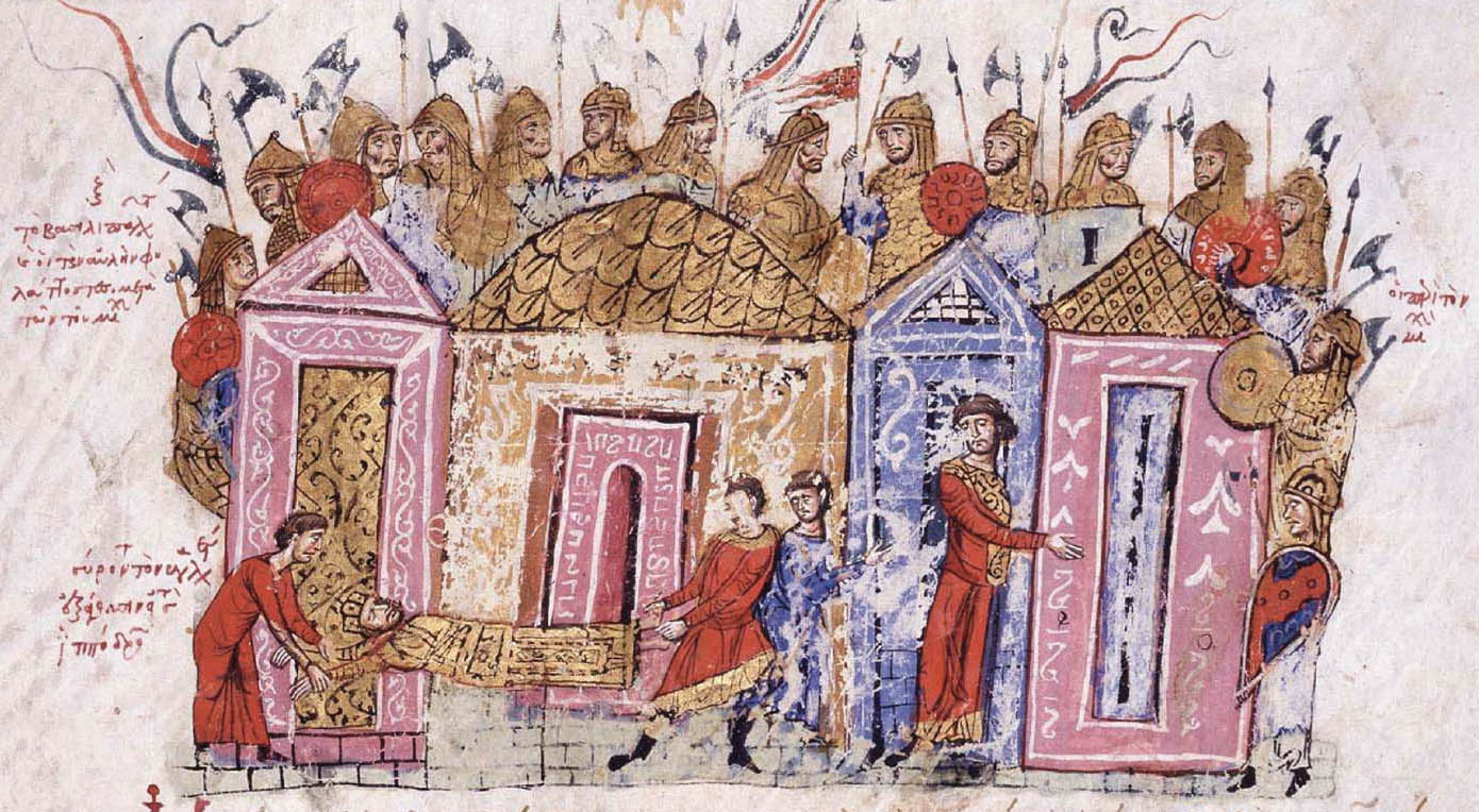 A colorful drawing depicts men carrying a man on a stretcher into a building. Several men in armor stand behind the building.