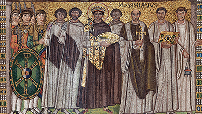 Detailed mosaic shows 10 men. They are dressed plainly, standing on a green floor against a gold video