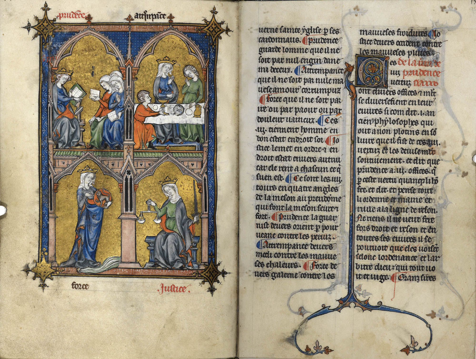 Two pages of a text. On the left, there are paintings of people reading books and eating a meal, and on the right, there is text.