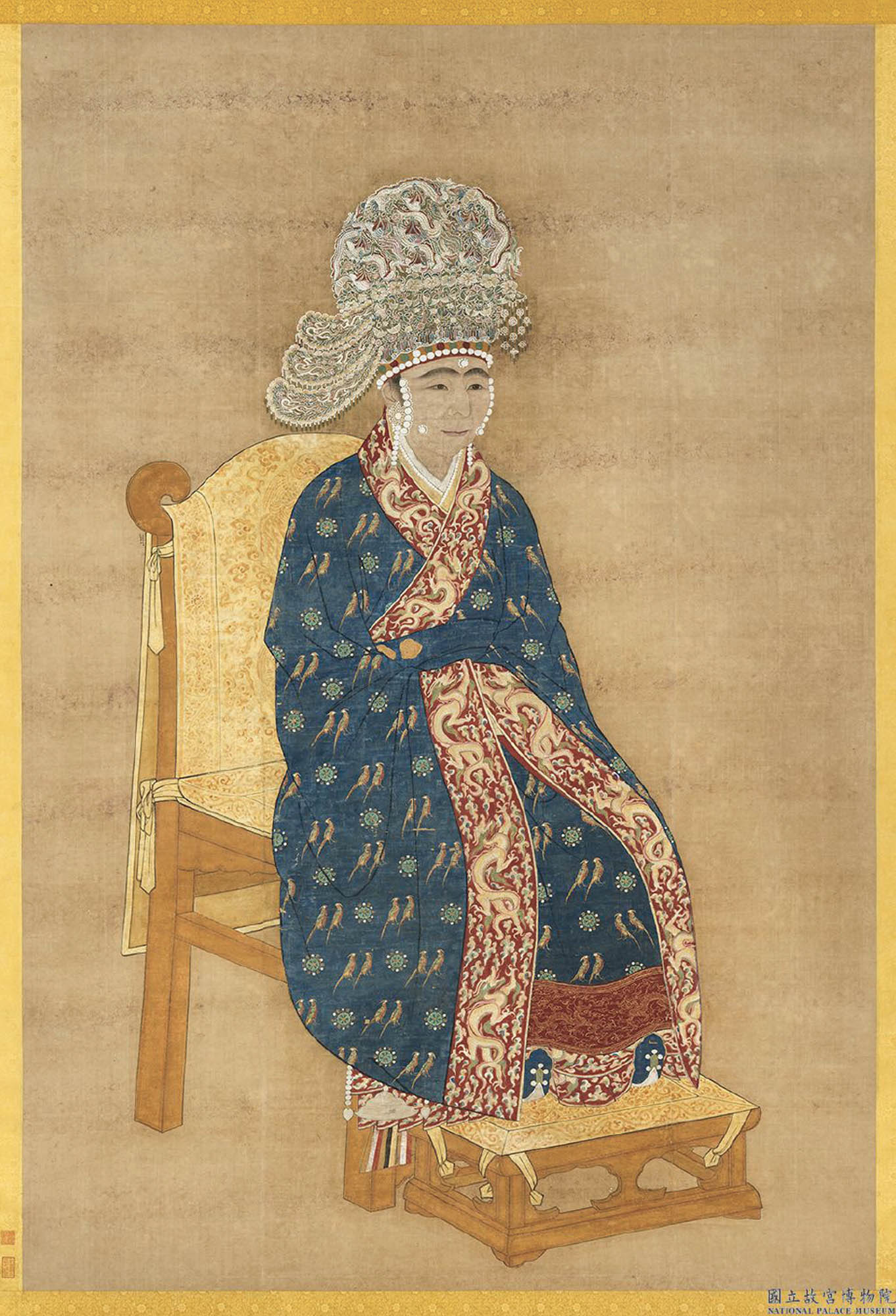 Painting of an empress seated on a throne wearing long, silk robes with an intricate pattern, and an ornate headdress.