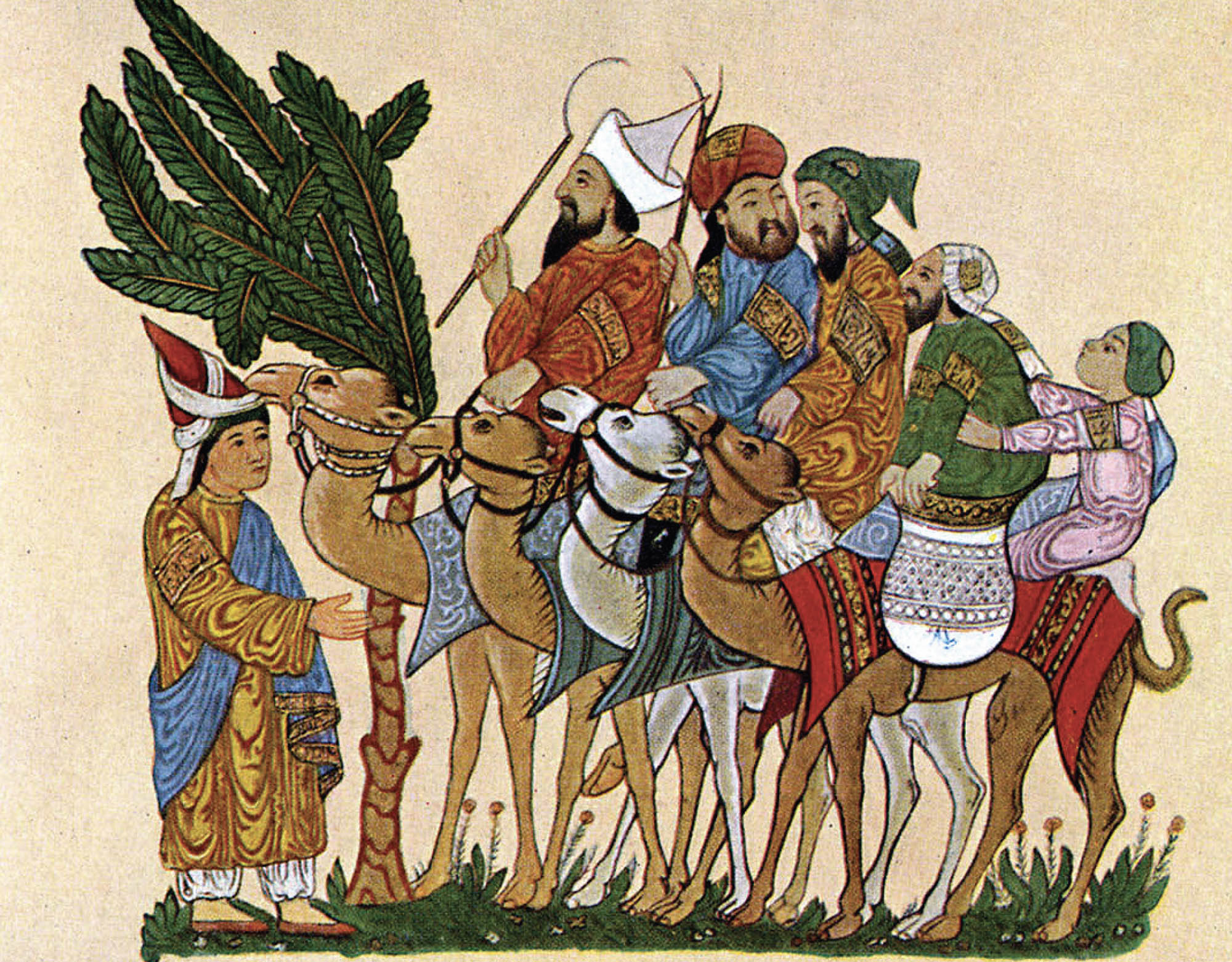 A painting of five adults and one small child. Four people are riding on the backs of camels, and they are wearing different colored robes. One person is standing and appears to be greeting them.