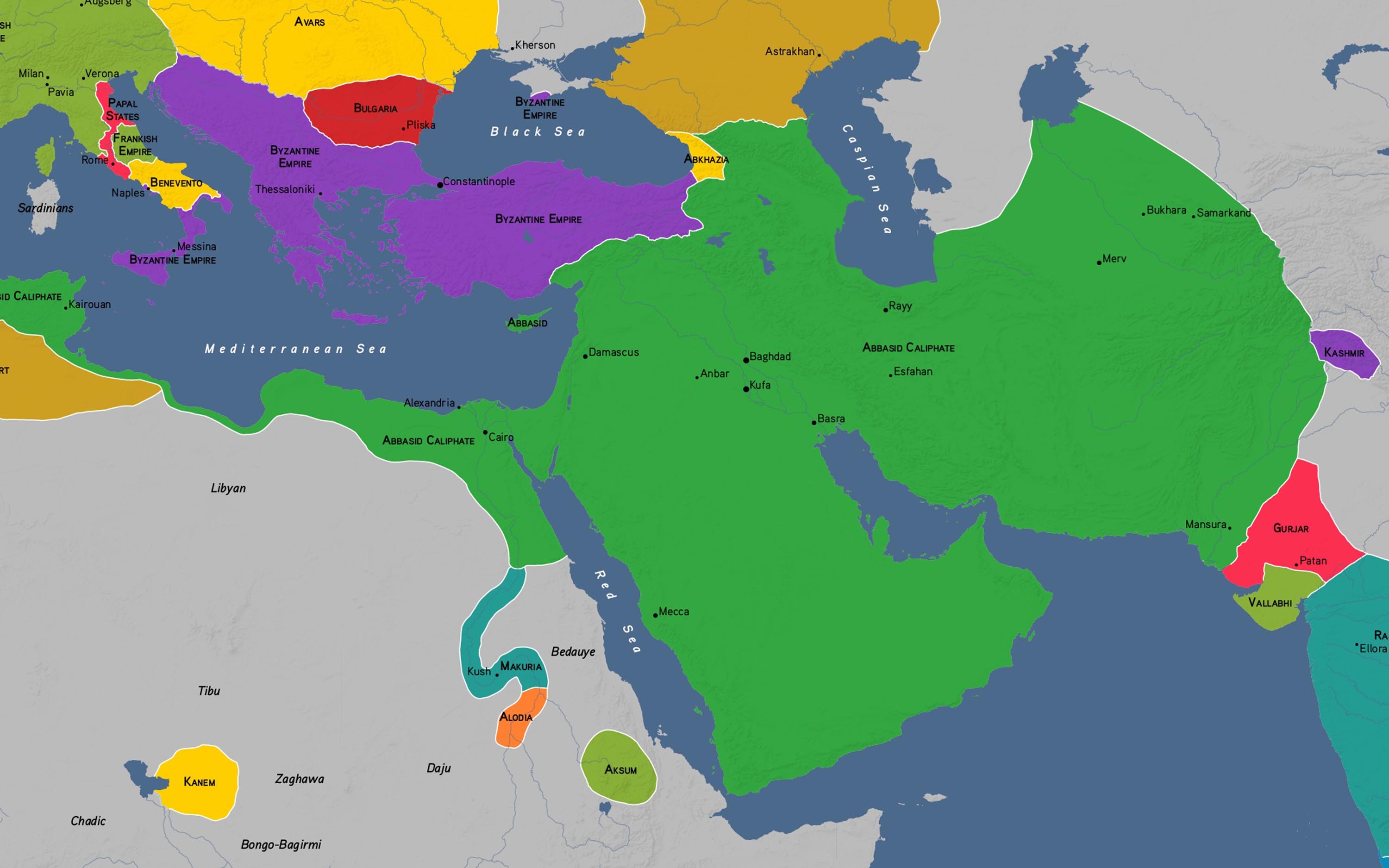 Zoomed in map of the Middle East region with the Abbasid Caliphate.