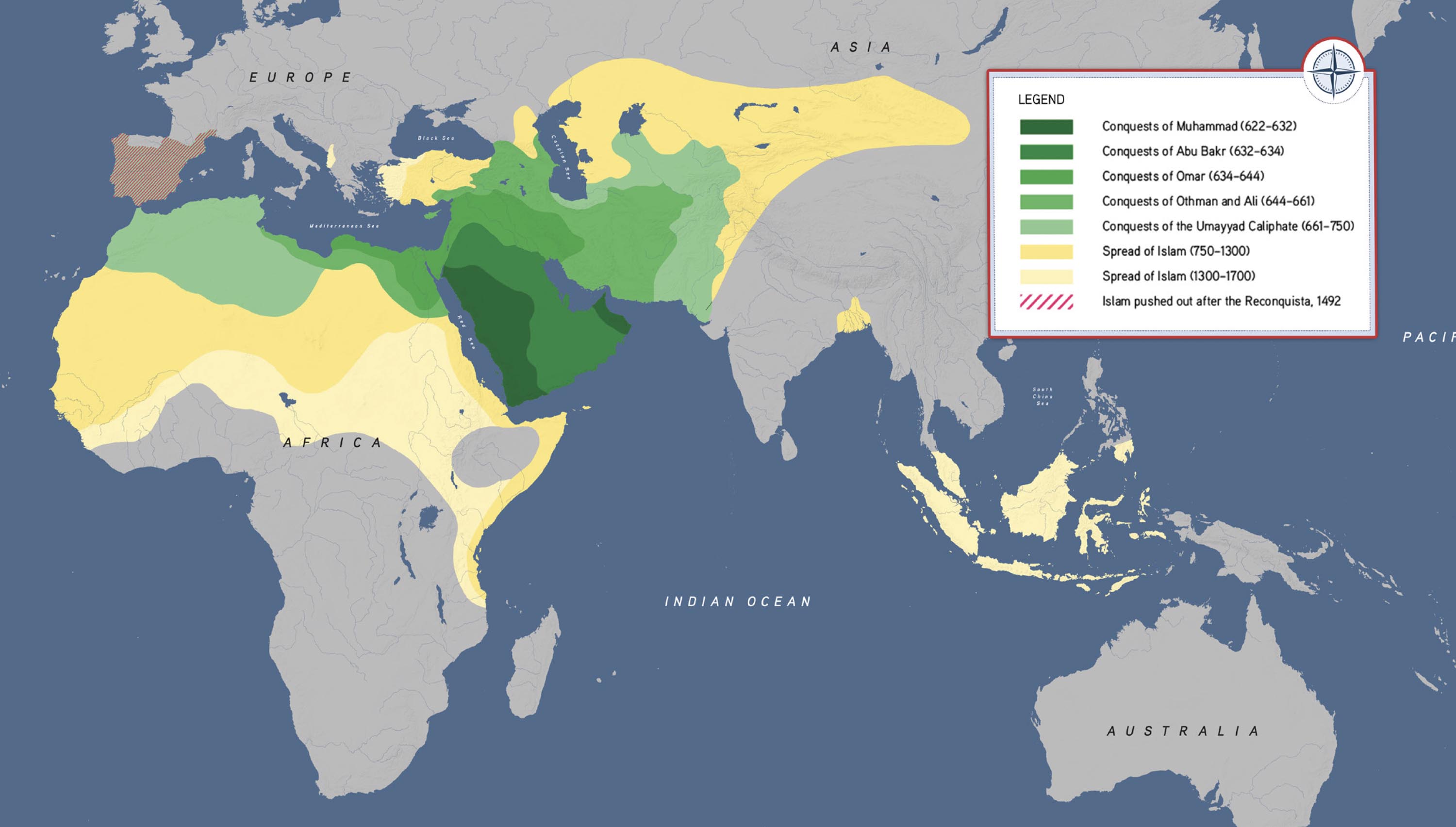 Map of the world with Muslim territories.