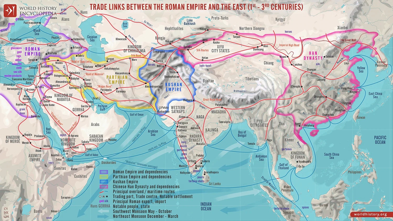 Map shows the great extent of the Silk Road trade routes, reaching across the Indian ocean, from Egypt through China.