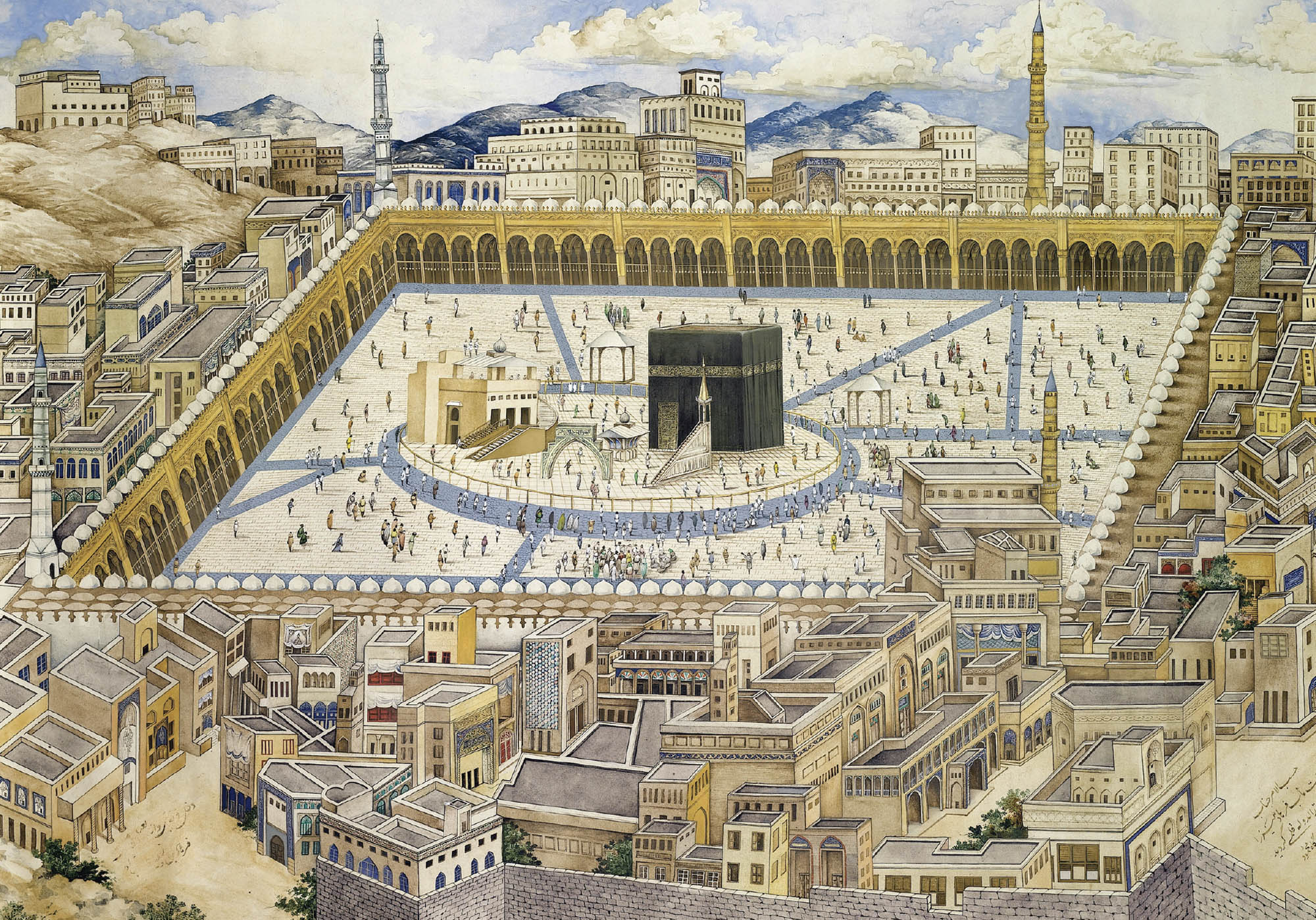 An overhead view of the Ka’aba that sits in the center of a large courtyard filled with people and is surrounded by city buildings and mountains in the distance.