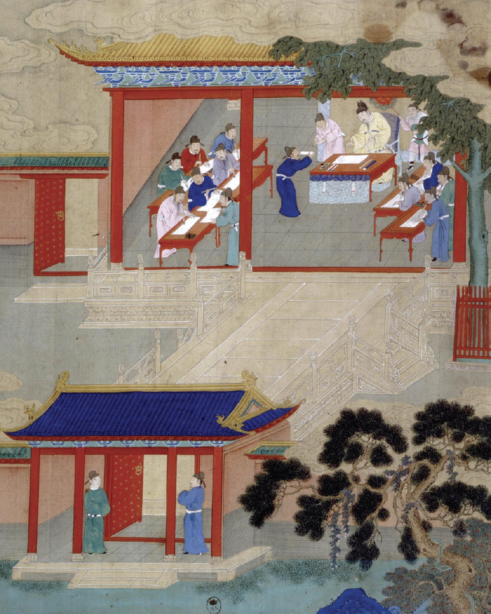 A colorful painting depicting Chinese students studying at tables outside, as well as students in an open air structure addressing a scholar at a table.