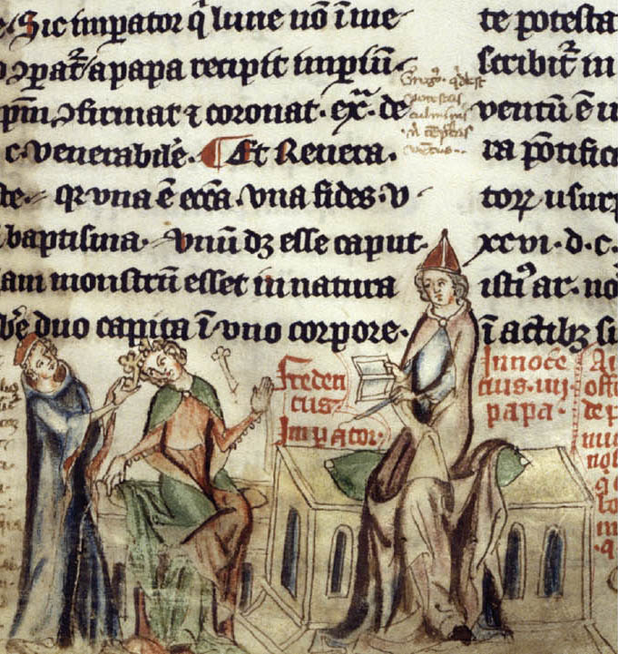 A zoomed in view of an illuminated manuscript depicting Pope Innocent IV excommunicating the Emperor Frederick II.