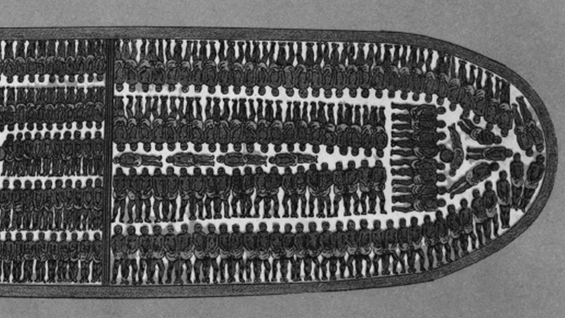 A drawing of many, many enslaved people crammed onto a ship. The people have been tied up and are laying down, pressed against one another.