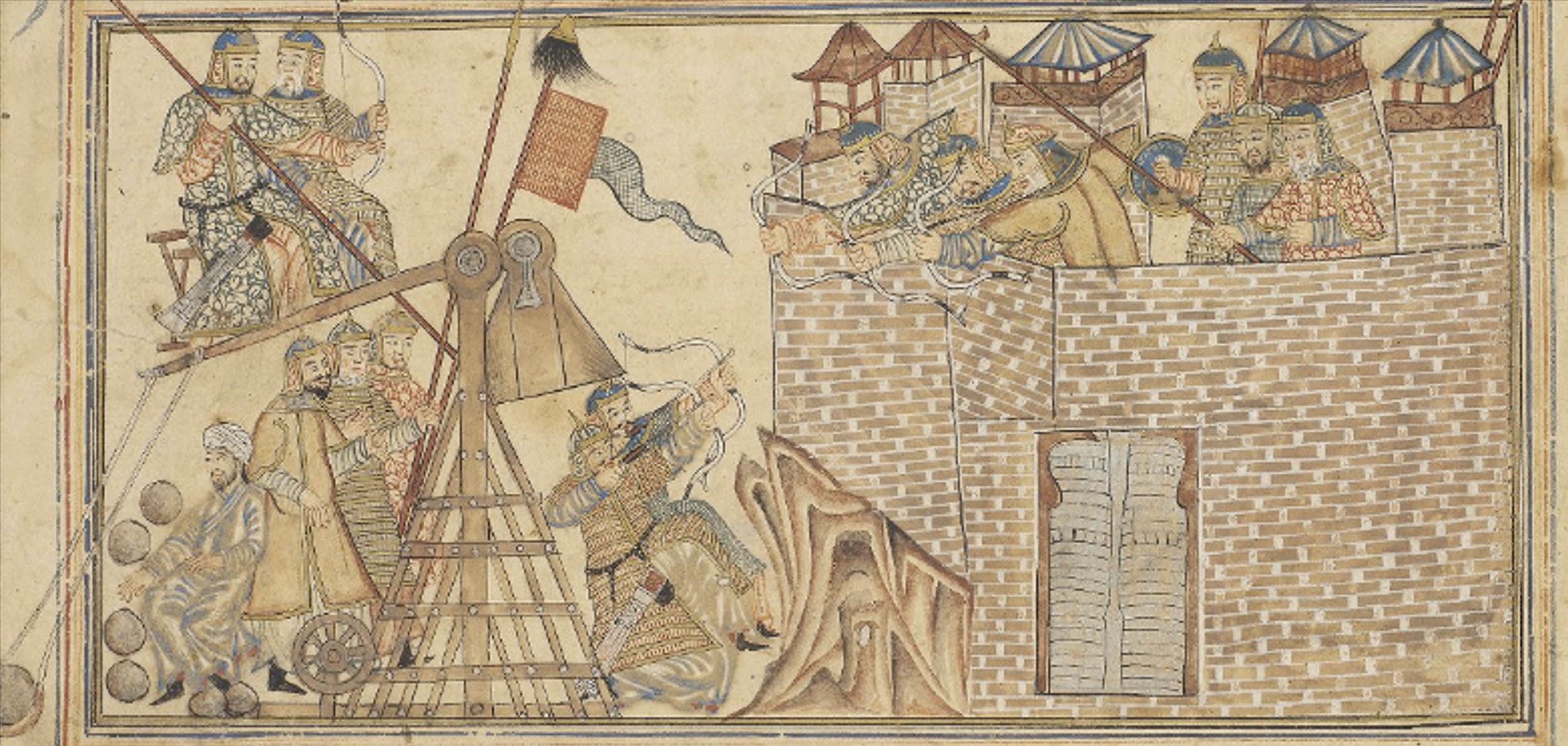 Medieval illustration of a siege with soldiers operating a large wooden trebuchet on the left, launching stones at a fortified city wall defended by archers and soldiers on the right.
