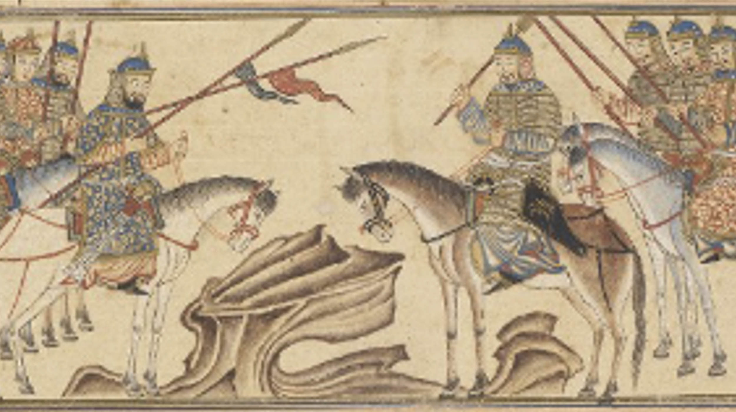 Medieval illustration of two groups of armored soldiers on horseback facing each other, each carrying spears and wearing patterned armor, with rocky terrain between them.