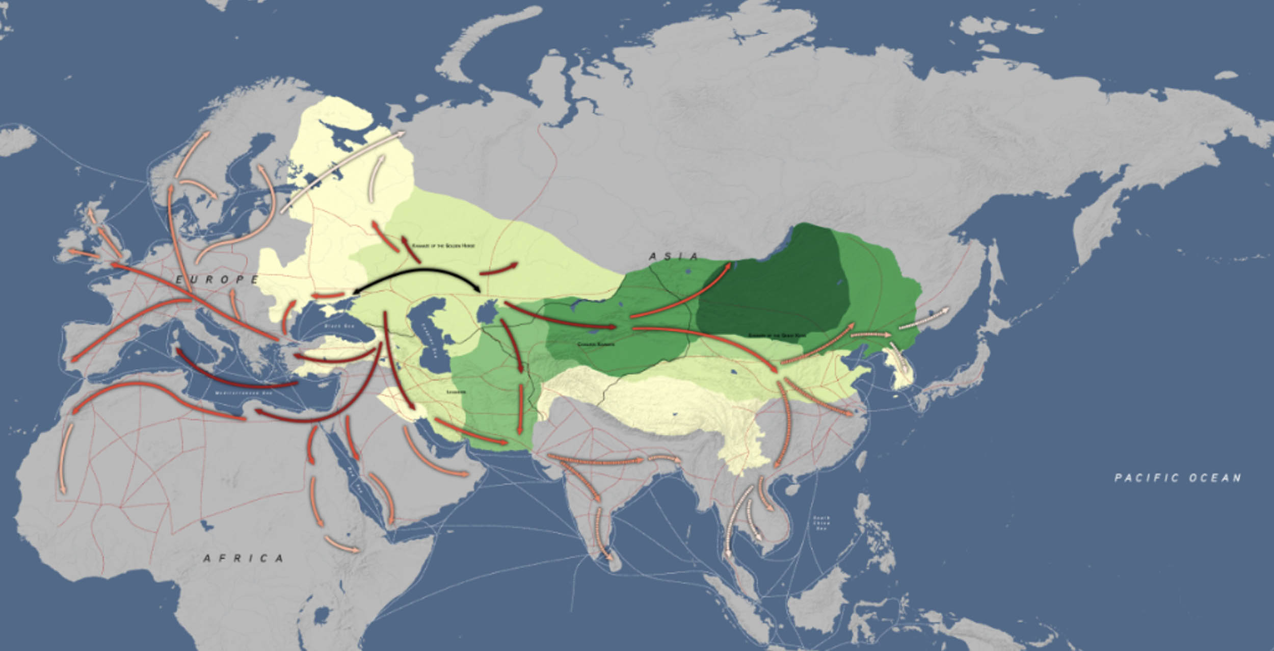 A world map showing the Mongol Empire in various shades of green across Asia and parts of Europe, with red and black arrows indicating major trade and invasion routes connecting regions including Europe, the Middle East, India, and East Asia.