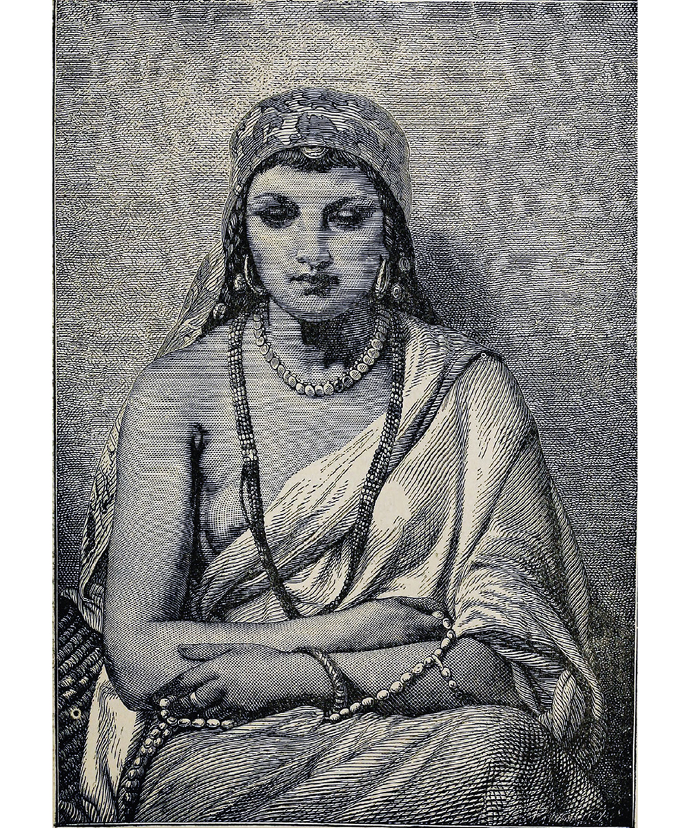 A drawing of a woman, seated, looking down. She is wearing jewelry and is covered partially in draped clothing.