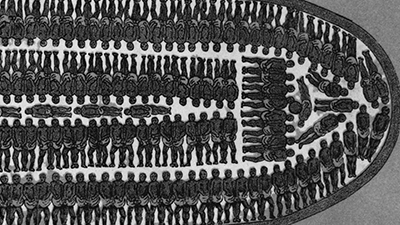 A drawing of many, many enslaved people crammed onto a ship. The people have been tied up and are laying down, pressed against one another.