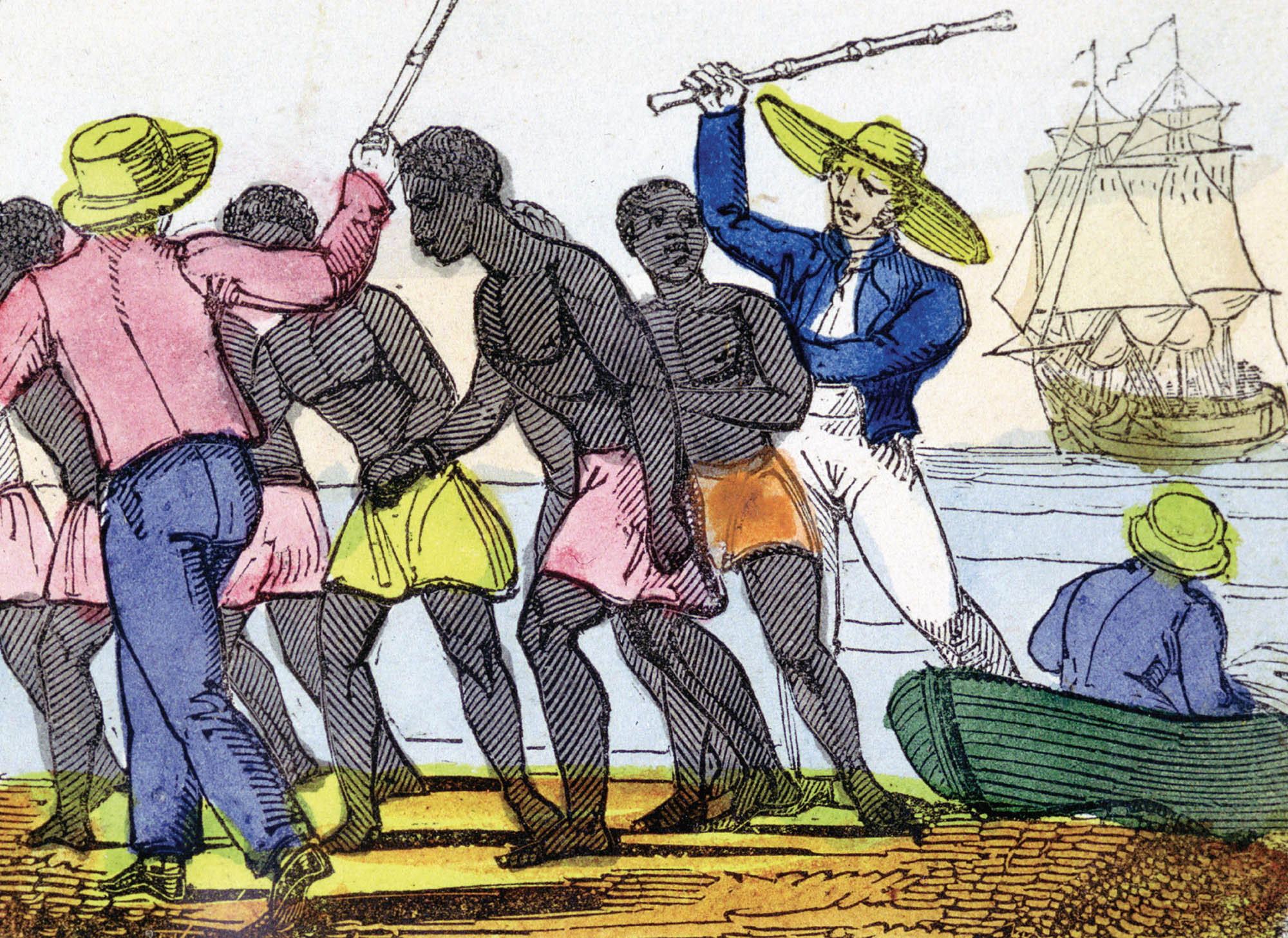 Drawing of two white men capturing enslaved African men. The white men are holding canes or sticks in the air, presumably to beat the enslaved people. In the background is a large sailing ship.