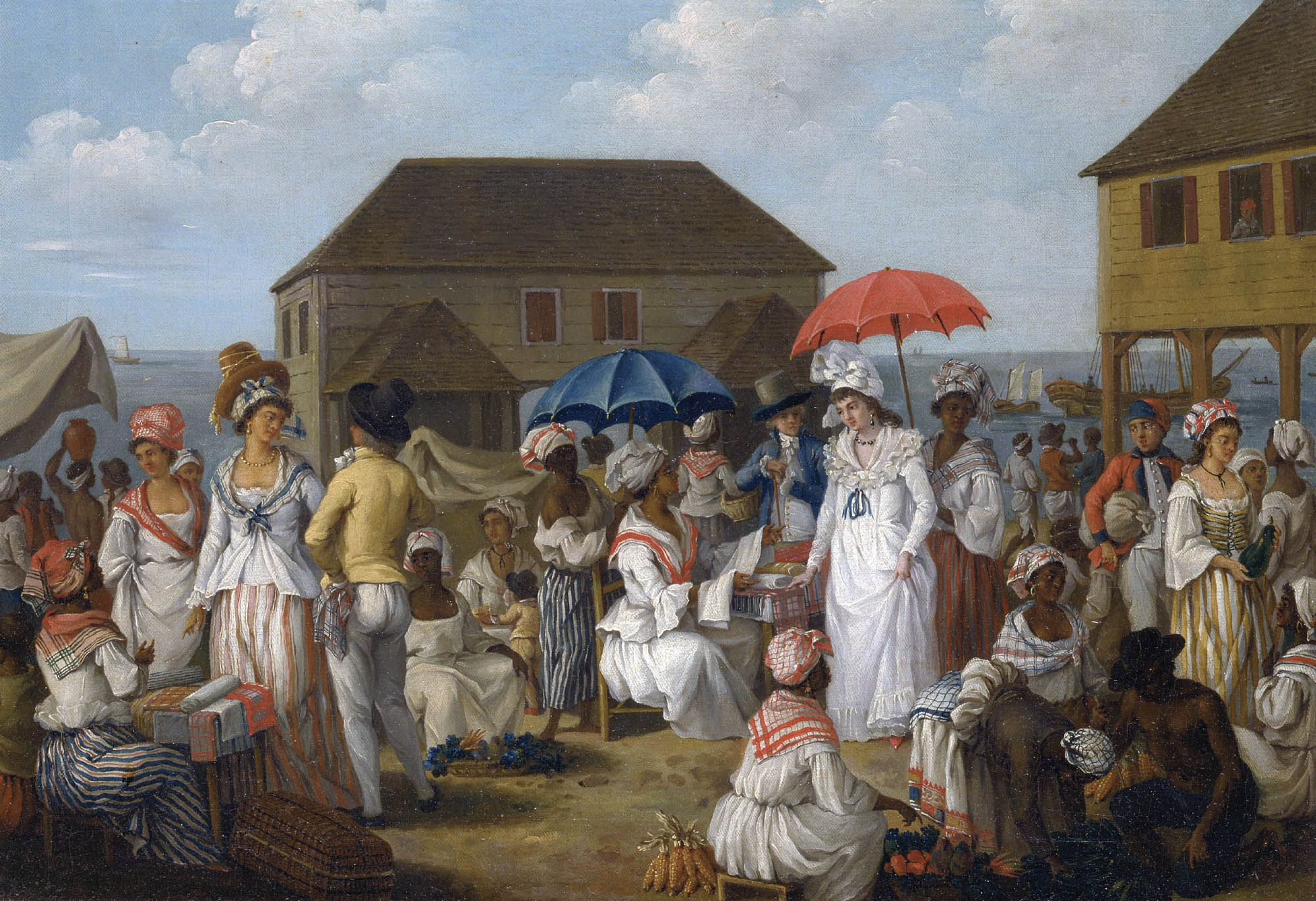 A painting of many people, mostly female, in a crowded marketplace.