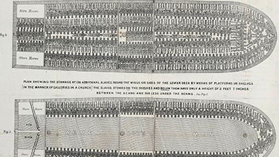 A drawing of many, many enslaved people crammed onto a ship. The people have been tied up and are laying down, pressed against one another.