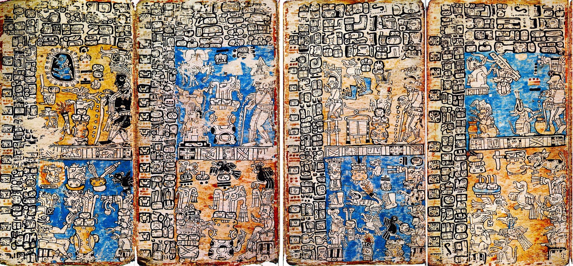 Pre-Columbian Mayan books with colorful, tightly packed drawings across several pages.