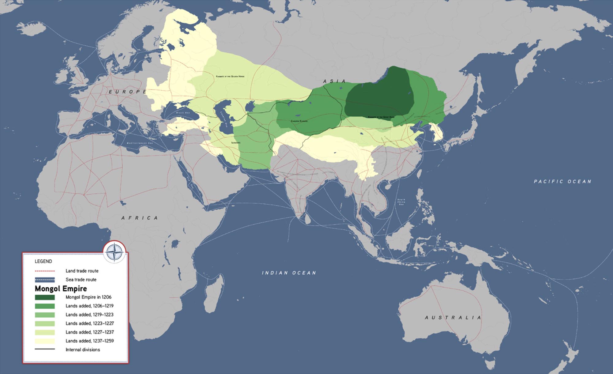 Map of the Eurasian continent with colored areas indicating the expansion of the Mongol Empire.