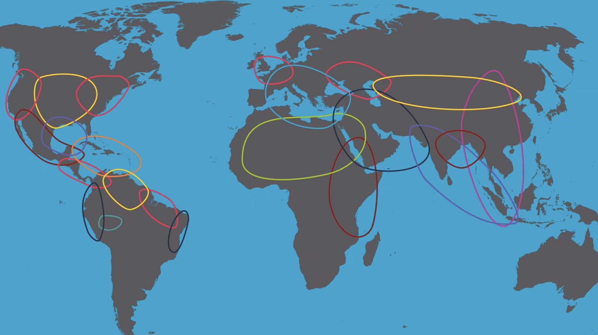 Map of the world with several colored circles across various continents illustrating the extent of regional trade before 1492.