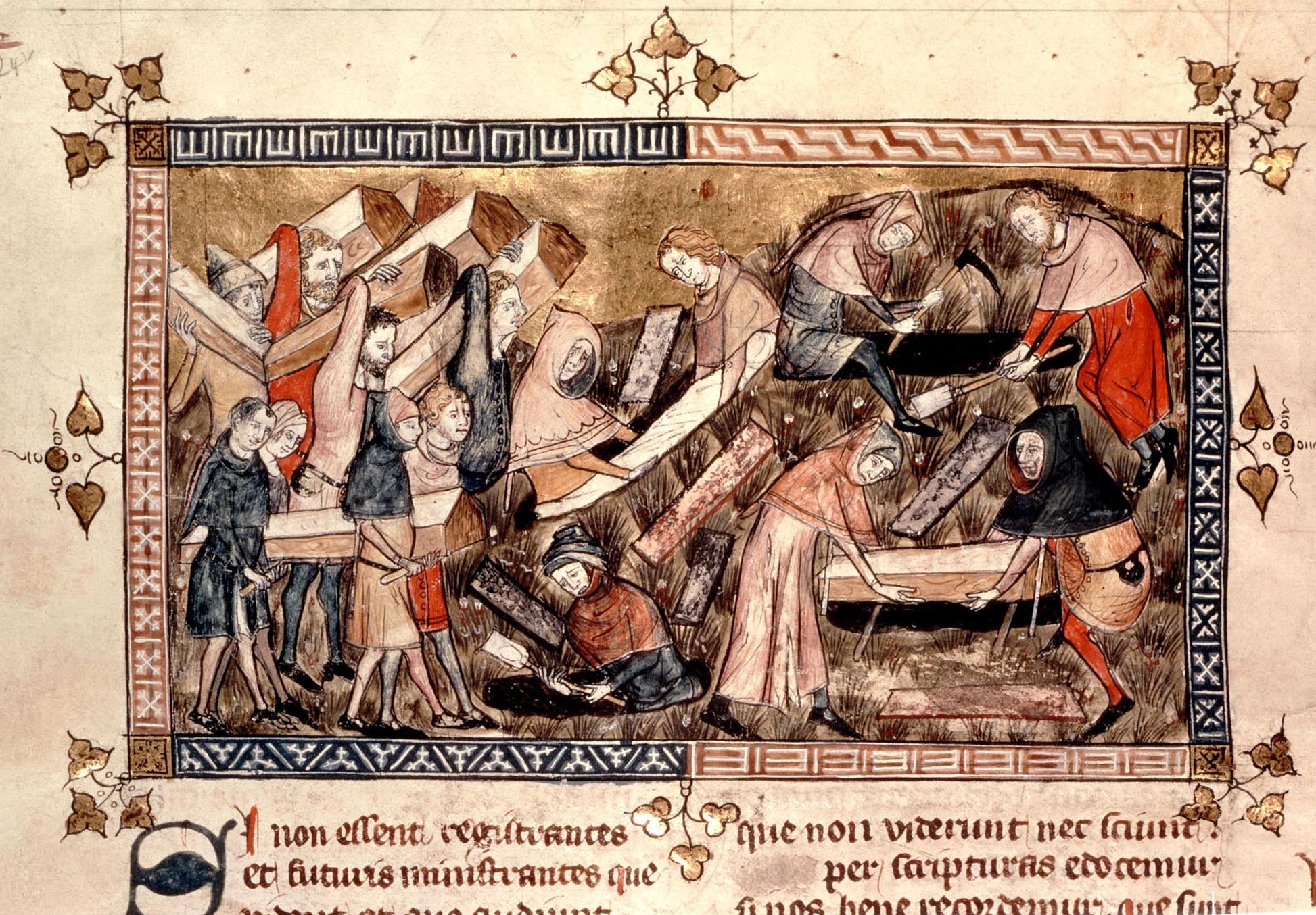 Drawing from the Middle Ages of crowds of peasants carrying coffins to a cemetery for burial.