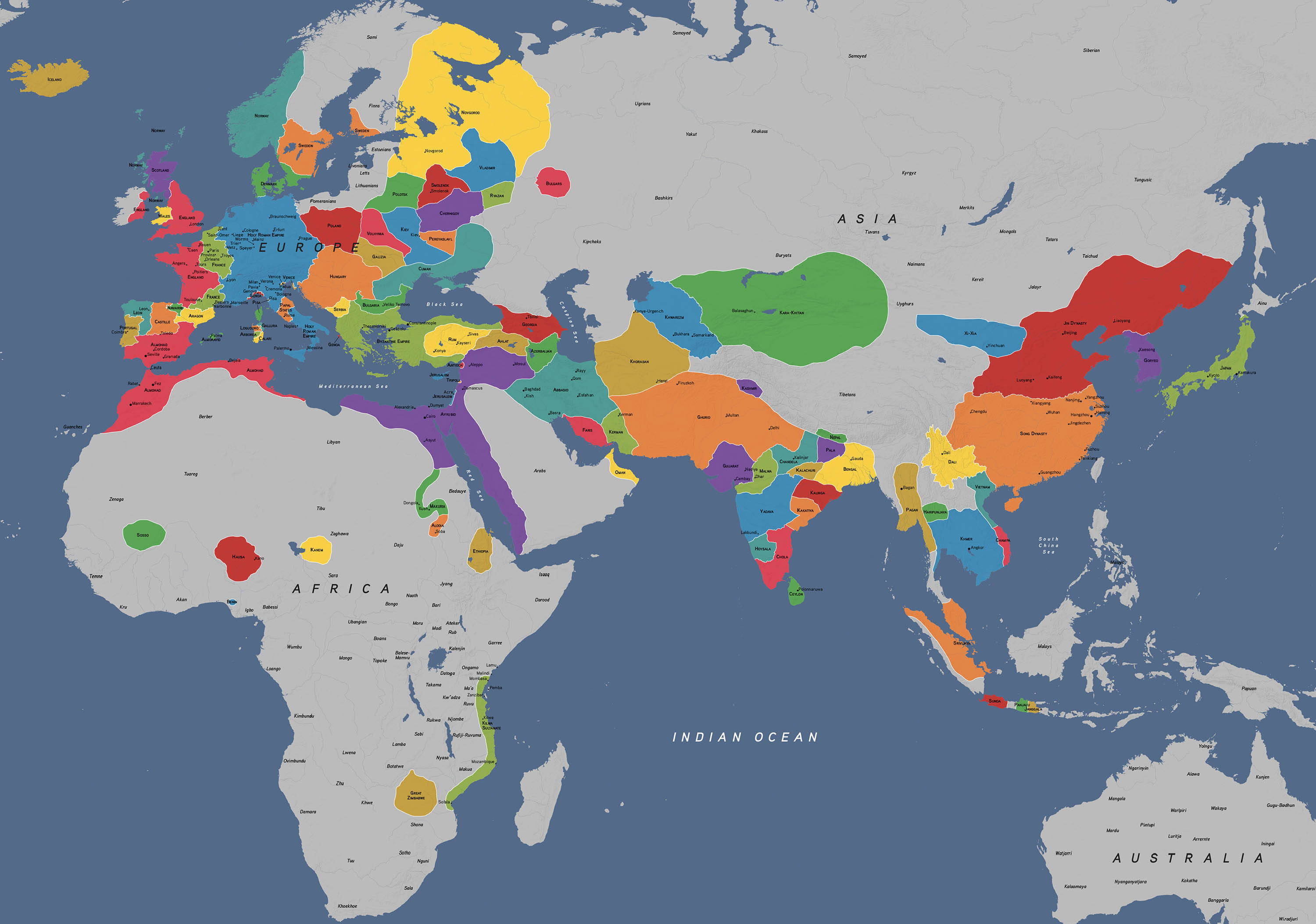 Map of the world in 1200 before Mongol rule showing a large patchwork of tribes and states.