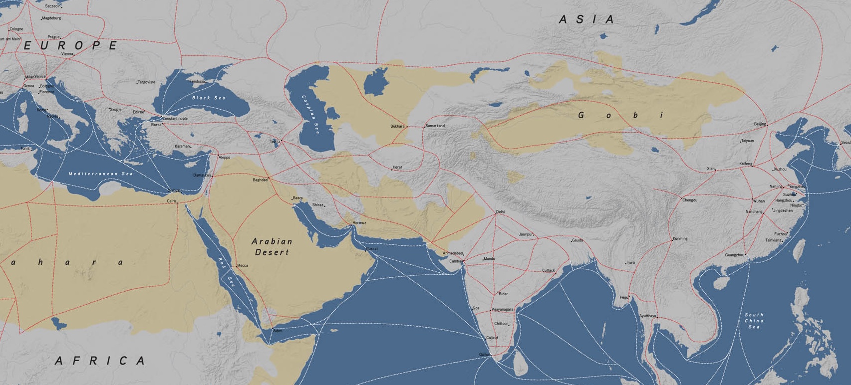 Map shows the vast trade networks that made up the Afro-Eurasian routes, stretching from Europe and Egypt all the way through China.