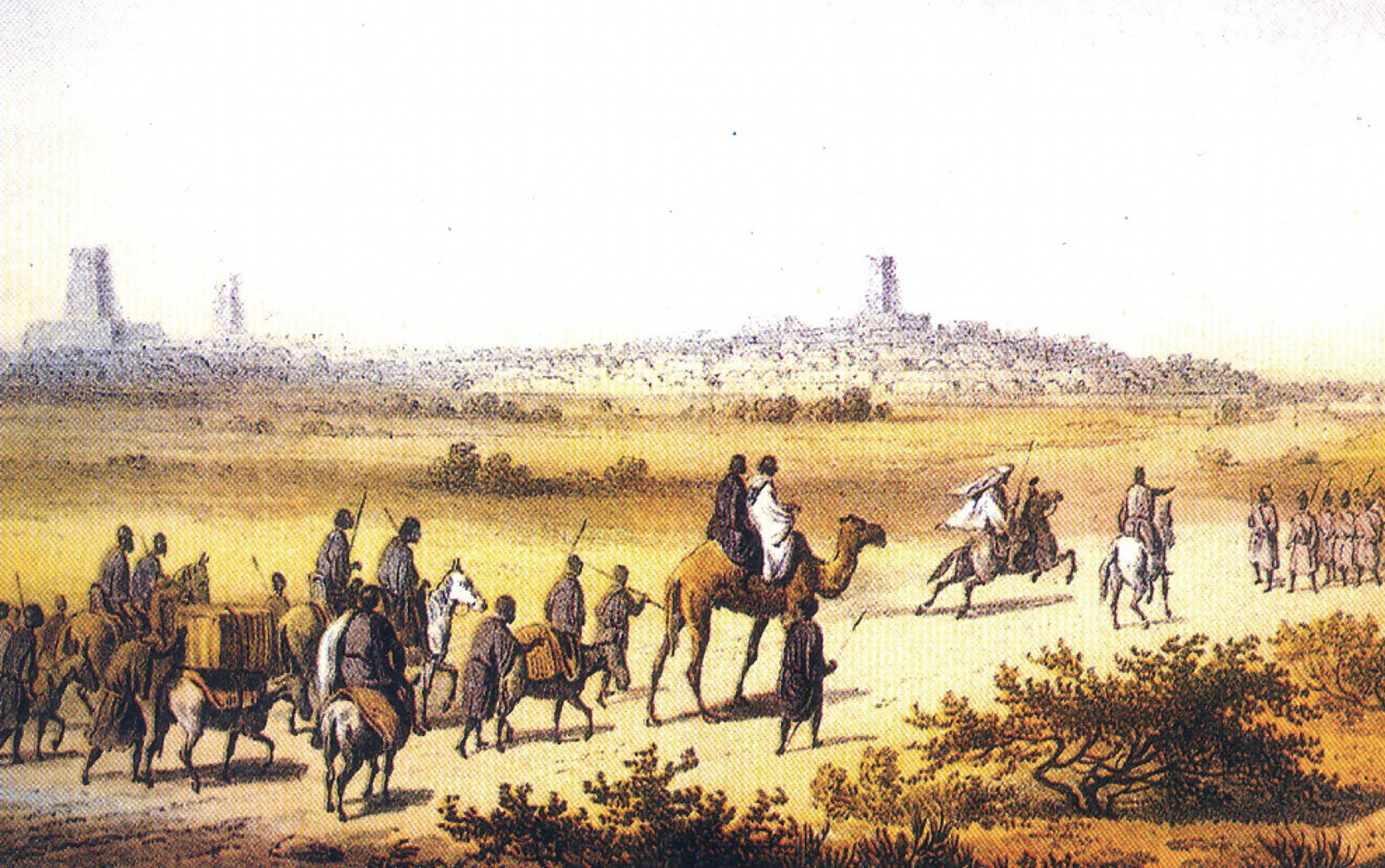 A painting of a group of merchants traveling along a trade route. Many people are riding on camelback or horseback and are carrying many items with them.