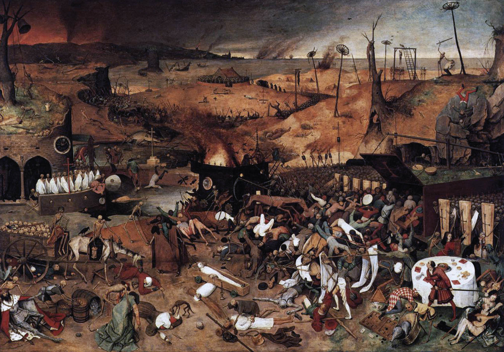 Painted depiction of life among the plague – many people lay dead in a pile, and the land beyond them is depicted as a wasteland