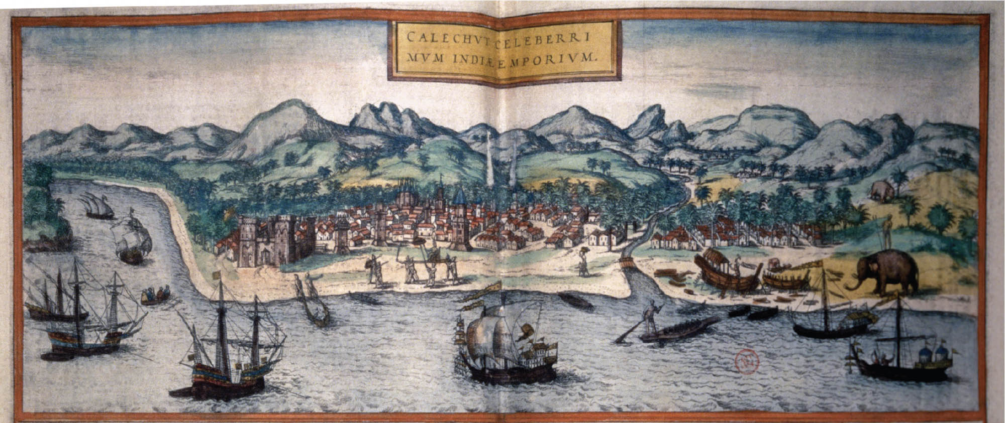 A panoramic view of a coastal city that is backed by mountains studded with trees. In the foreground there are several people and an elephant on shore and sailing vessels as well as smaller boats in the water.