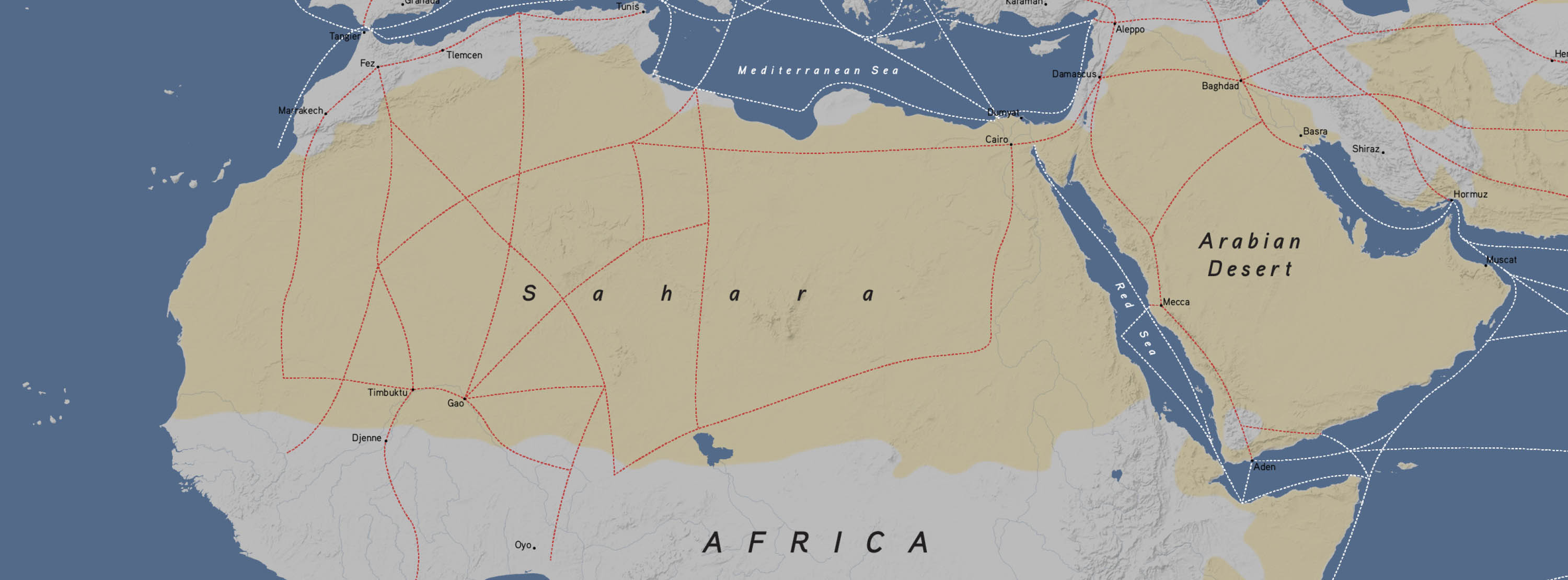 A map of the trans-Saharan trade routes that uses red dashed lines to show major trade routes that connect areas such as the Empire of Ghana, Kanem-Bornou, Ethiopia, Egypt and Arabia.