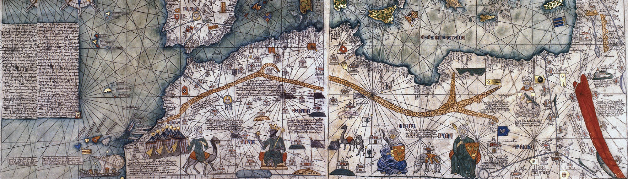 Two panels from a Catalan Atlas illustrate the caravan trade routes using lines and descriptions. The atlas is extremely detailed and contains ornate and colorful illustrations throughout of leaders, buildings, animals, features of the landscape and so on.