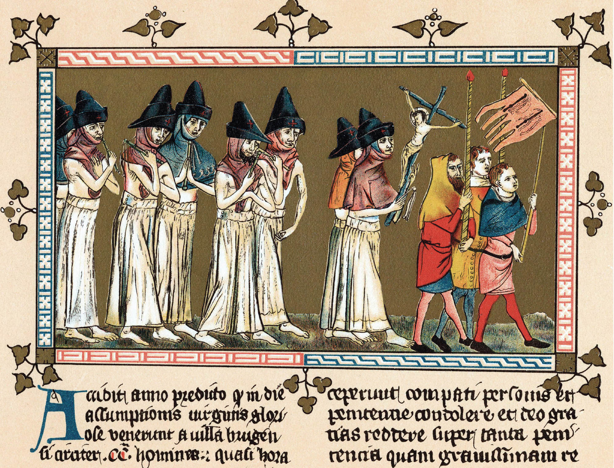 A medieval painting of several worshippers carrying a model of Jesus on the cross. In front of them, three men hold up a red flag.