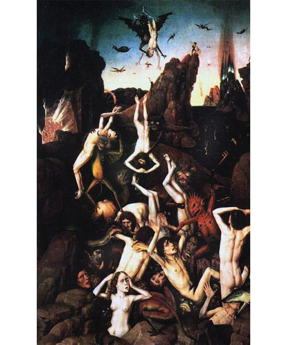 A dramatic painting shows unclothed humans falling and being pushed into a pit filled with demons.